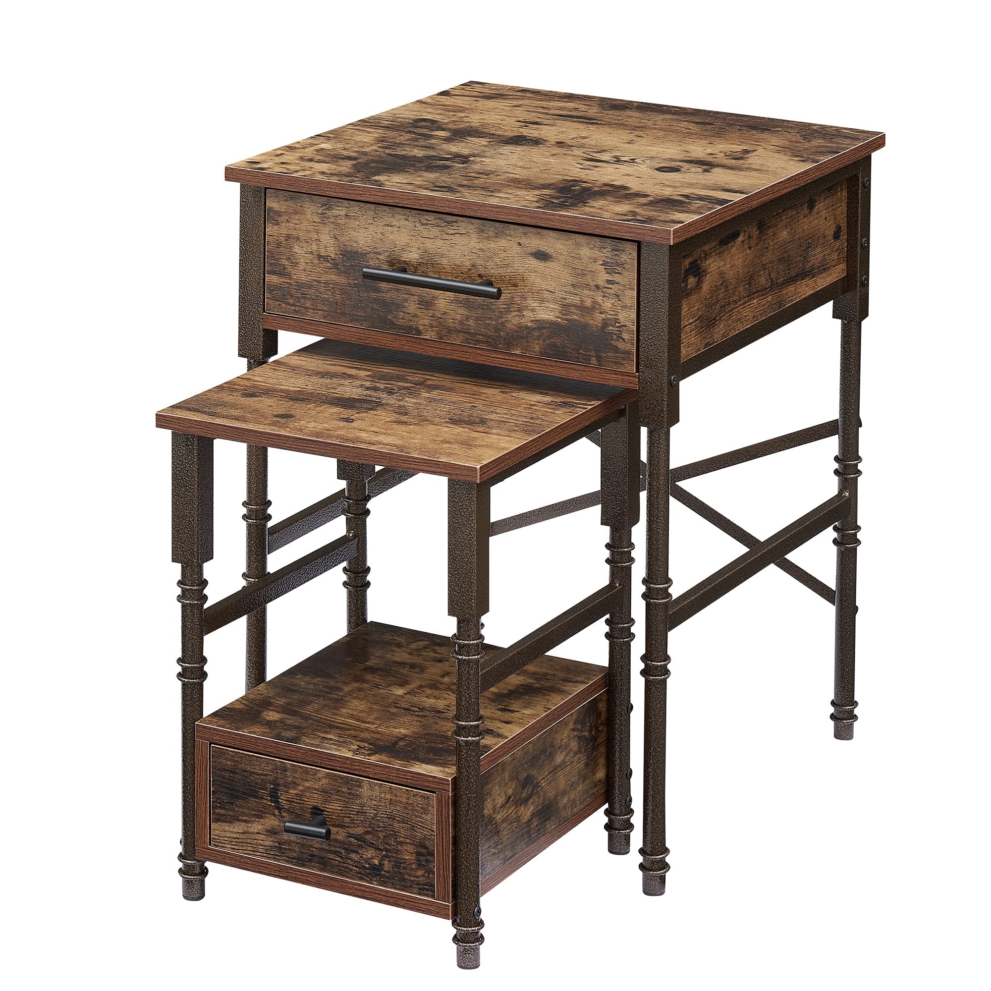VECELO 2-Pack Nested End/Side Tables with Drawer - Rustic Brown Nightstands for Bedroom, Living Room, Office - Sturdy Metal Frame, Easy Assembly & Storage - Perfect for Small Spaces, Guest Rooms & Apartments