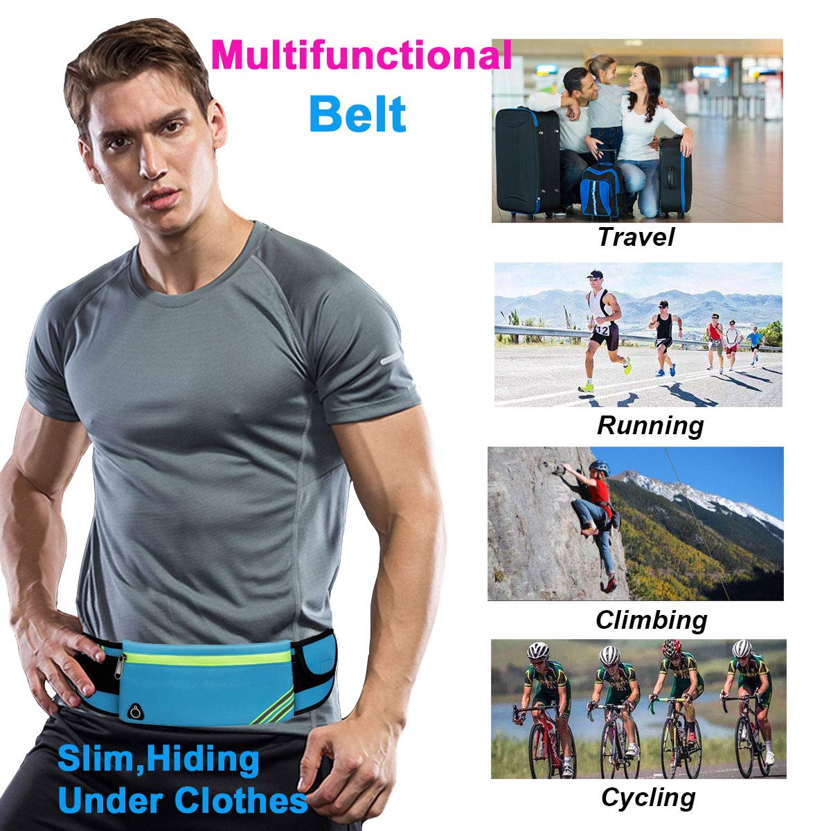 Running Belt Waist Pack - Waterproof Sports Fanny Pack for Phone & Essentials - Adjustable Gym Fitness Belt for Men & Women - Ideal for Jogging, Hiking & Workouts (Blue)