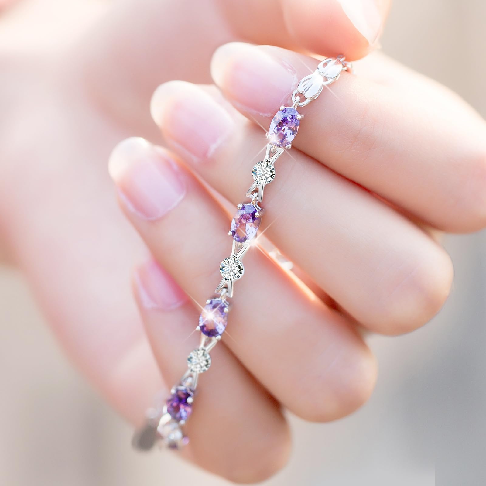 Elegant Purple Crystal Sterling Silver Bracelet for Women - Perfect Birthday, Anniversary & International Women's Day Gift - Dainty Jewelry for Everyday Wear & Special Occasions