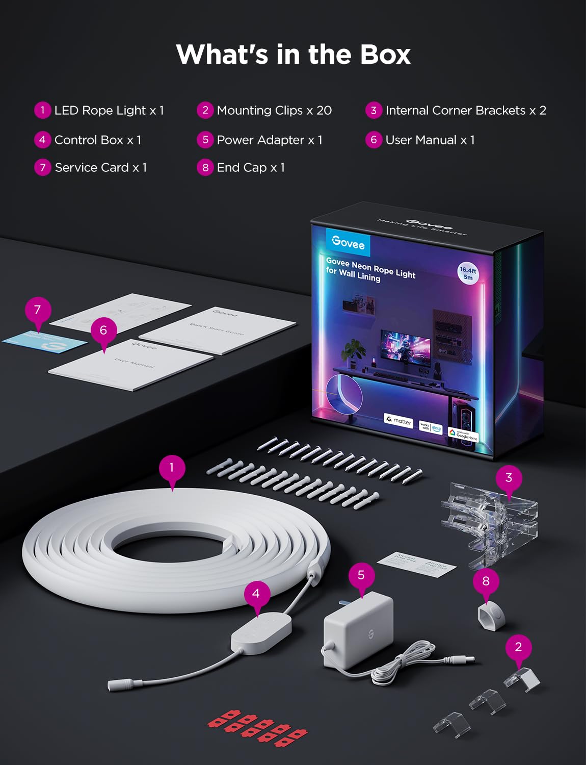Govee 16.4ft RGBIC Smart Neon Rope Lights for Wall Lining - Matter & Alexa/Google Assistant Compatible, App Controlled LED Strip Lights with Music Sync - Perfect for Living Room, Bedroom & Wall Corner Decoration