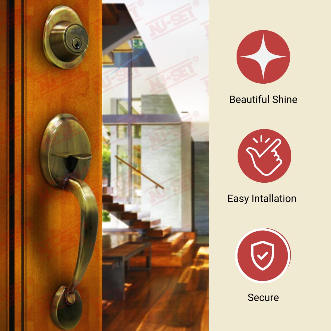 NU-SET Lock | Keyed Entry Door Handle Set | Single Cylinder Deadbolt | Antique Brass Finish | Home Security & Door Hardware Upgrade | Perfect for Bedroom, Bathroom & Interior Doors