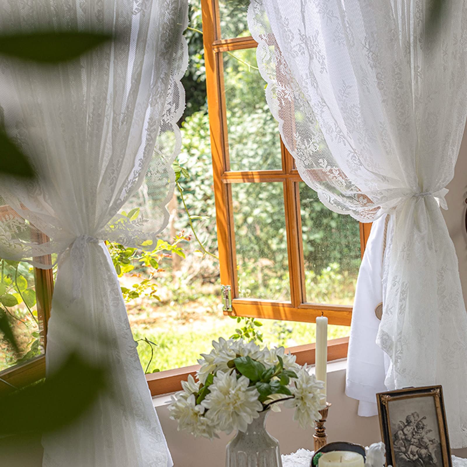 V3VOGUE White Rustic Lace Sheer Curtains - 1 Piece Small Half Window Curtain, Privacy Translucent Voile Drapes for Kitchen, Cafe, Partition & Valance - Perfect for Bedroom, Living Room & Office Decor