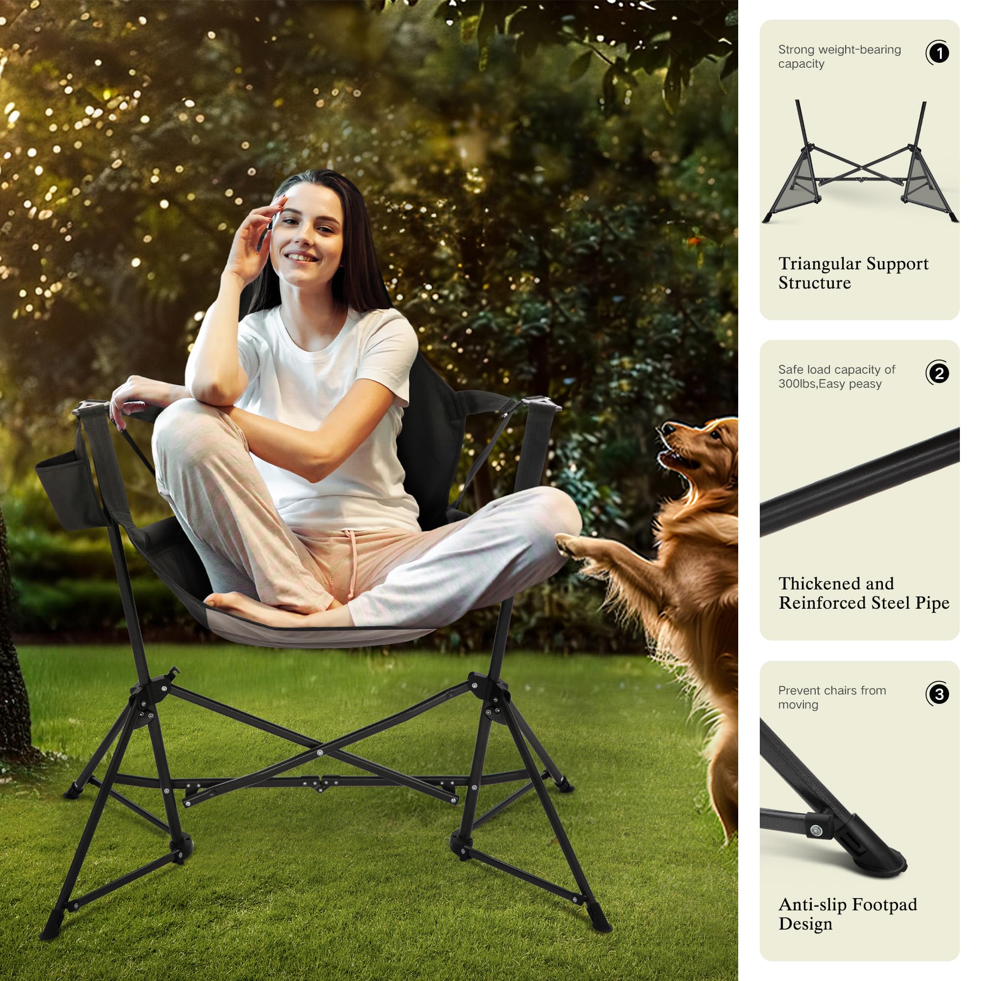 **Portable Hammock Camping Chair with Adjustable Back & Cup Holder - Heavy Duty Folding Outdoor Rocking Chair for Adults - Perfect for Backyard, Beach, Camping & Patio Relaxation - Black**