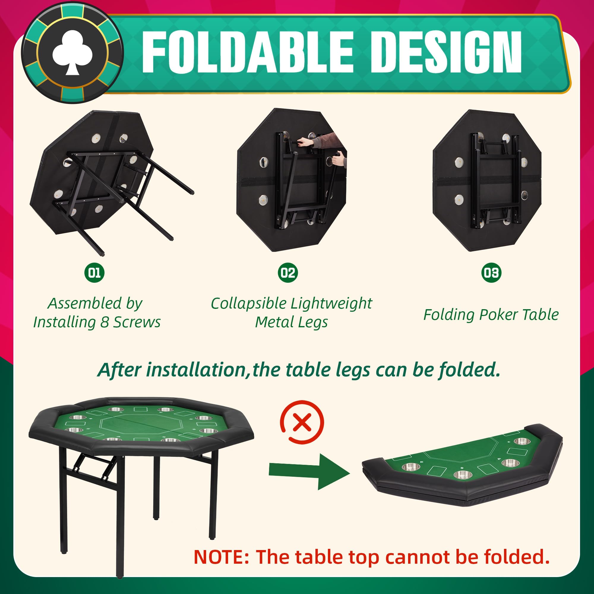 ECOTOUGE 8-Player Foldable Poker Table with Padded Rails & Stainless Steel Cup Holders - Octagon Texas Holdem Blackjack Casino Game Table for Home, Parties & Game Nights - Easy Assembly & Portable Design