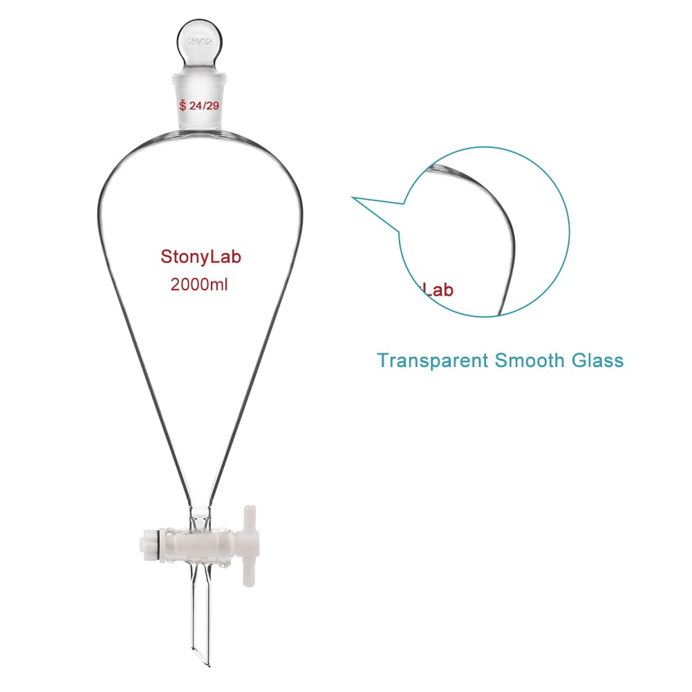 StonyLab 2L PTFE Stopcock Borosilicate Glass Heavy Wall Separatory Funnel with 24/29 Joint - Conical Pear-Shaped Lab Funnel for Chemical Separation, Liquid Extraction & Laboratory Experiments