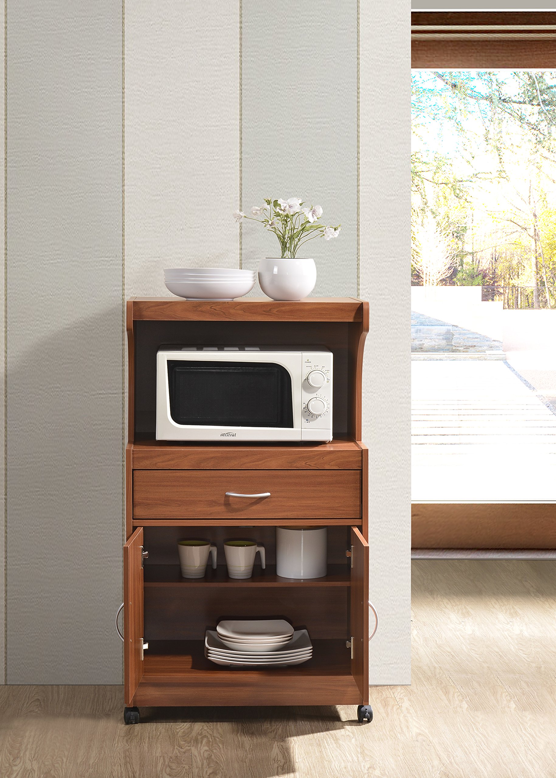 Hodedah Microwave Stand with Storage Shelf - Compact Kitchen Cart for Small Spaces, Cherry Finish - Perfect for Dorms, Apartments & Countertop Organization