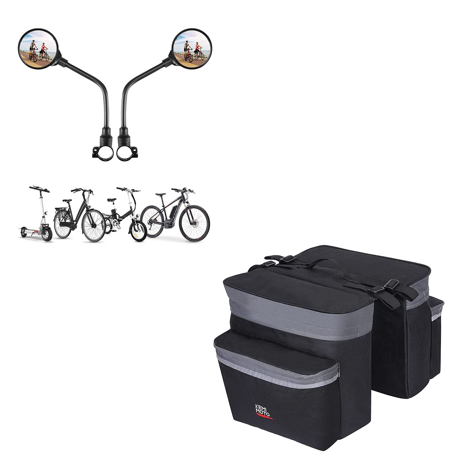 Kemimoto Portable Bike Pannier Bag with Round Rearview Mirror - Waterproof Cycling Accessories for Commuting, Touring & Outdoor Adventures