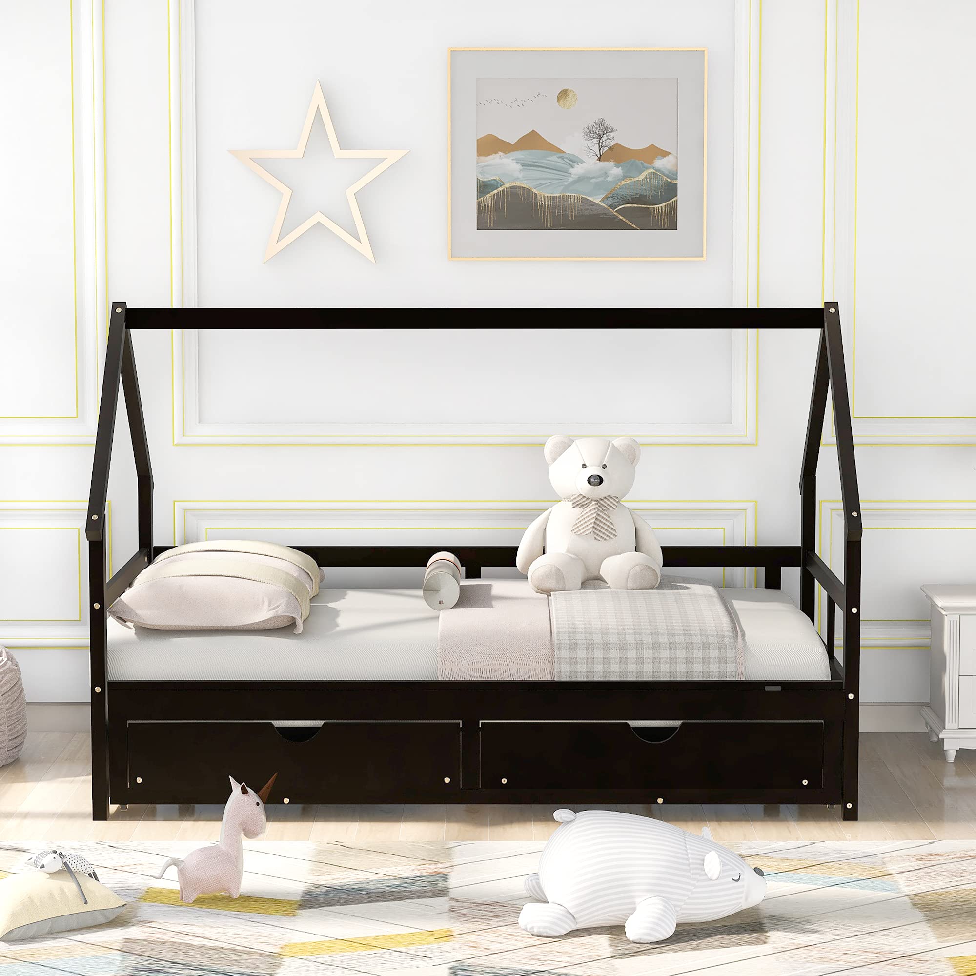 Wooden Daybed with Trundle & 2 Storage Drawers - Twin to King Size Convertible House Bed for Kids & Teens, No Box Spring Needed (Espresso) - Perfect for Guest Rooms, Dormitories & Small Spaces