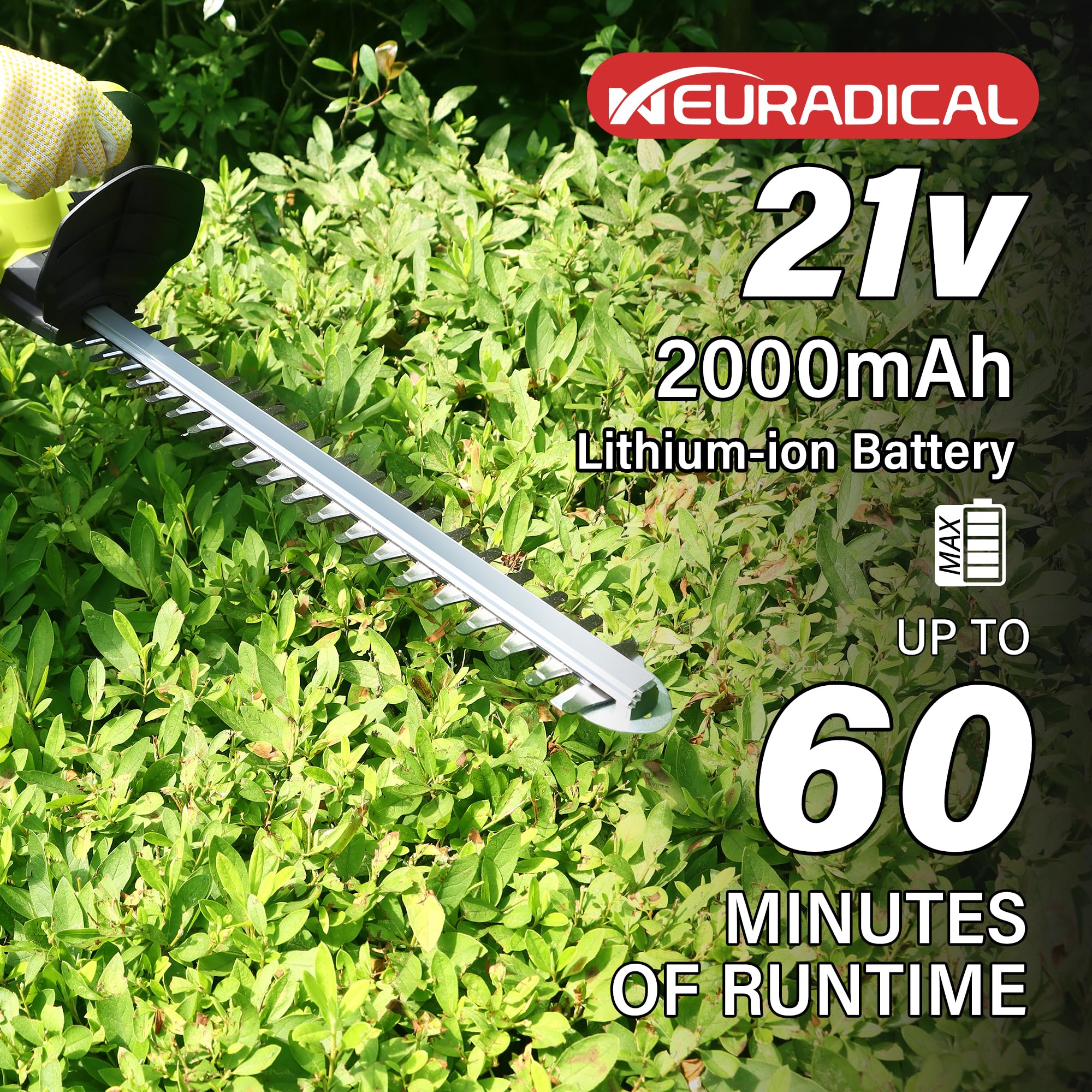 Neuradical 20 Inch Cordless Hedge Trimmer with 21V 2Ah Battery & Charger - Lightweight Electric Bush Trimmer for Garden Shrubs & Lawn Maintenance - Perfect for Landscaping, Yard Work & DIY Home Gardening