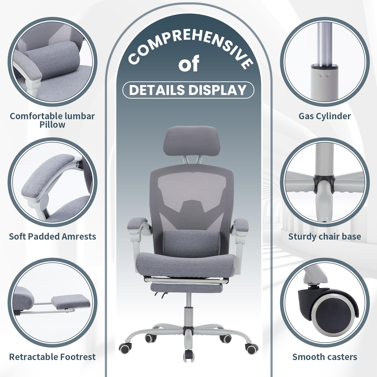 Ergonomic Office Chair with Wheels - Adjustable Headrest & Lumbar Support, Soft Armrests for Computer Desk - Perfect for Home Office, Gaming, and Long Work Sessions