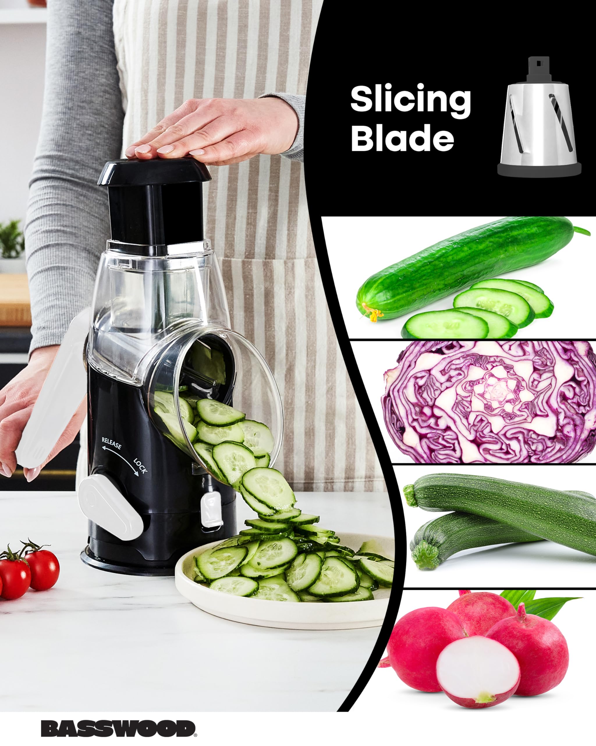 Premium Rotary Cheese Grater with Handle - 3 Stainless Steel Blades for Cheese, Vegetables & Nuts | Mandoline Slicer & Peeler Included | Perfect for Kitchen, Camping & Meal Prep (Black)