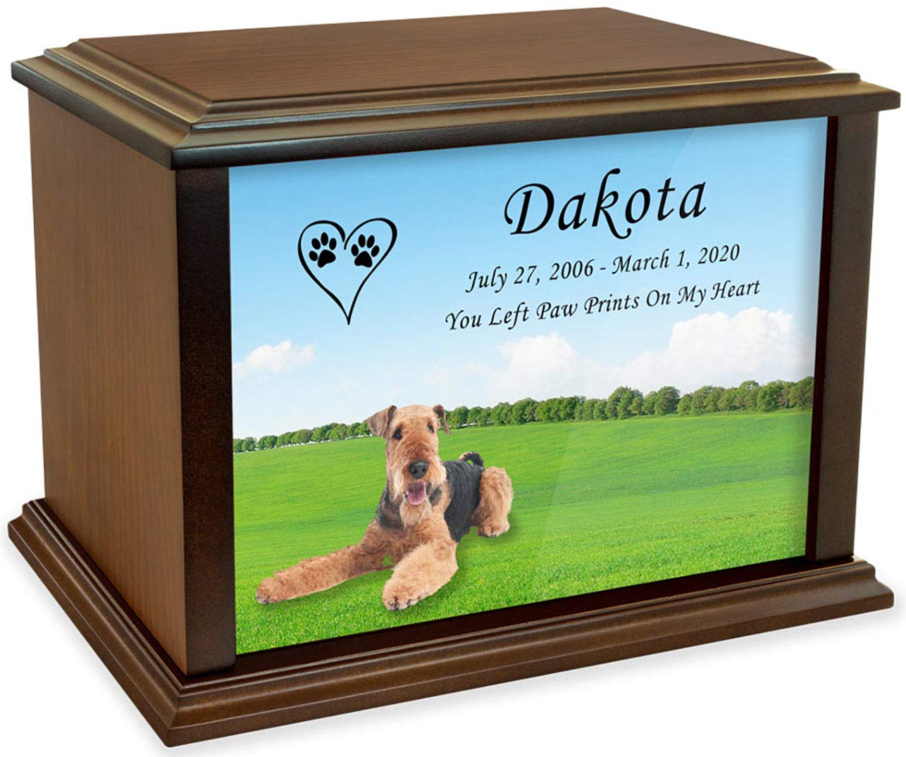Custom Engraved Airedale Terrier Pet Memorial Urn - Large Wooden Cremation Urn for Dogs up to 225lbs - Personalized Pet Ashes Keepsake for Home Memorial or Garden Display