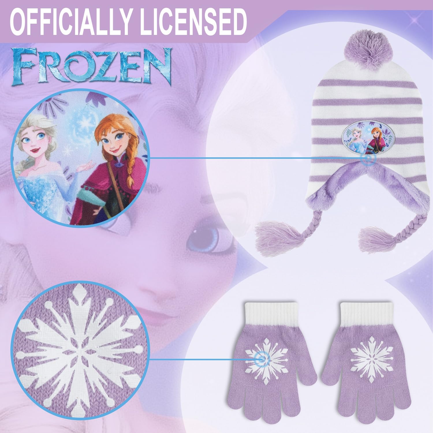 Disney Frozen Elsa & Anna Winter Beanie Hat & Snow Gloves Set for Girls & Toddlers - Warm Knit Hat & Waterproof Gloves for Snow Play, Outdoor Activities & Cold Weather Protection