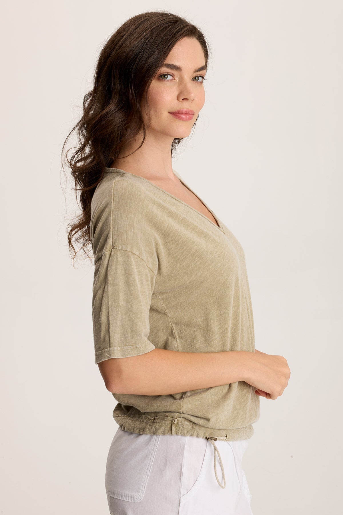 Rajni V Neck Cinchable Hem Tee for Women - Stylish Adjustable Fit Casual T-Shirt - Perfect for Everyday Wear, Work, and Outings
