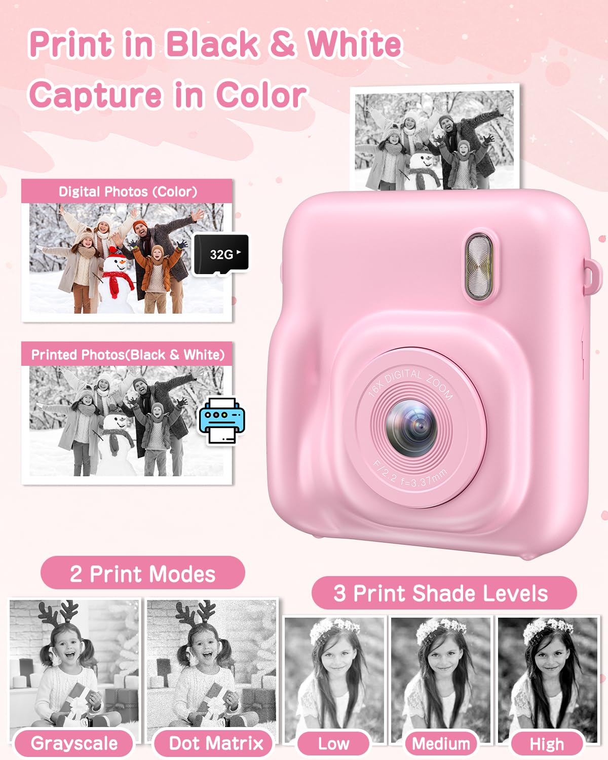 48MP Kids Instant Print Camera with 1080P Video - Selfie Digital Camera for Boys & Girls Ages 4-9 | Includes 32GB Card, Print Paper | Perfect Christmas & Birthday Gift (Pink) | Great for Travel, Parties & Creative Play