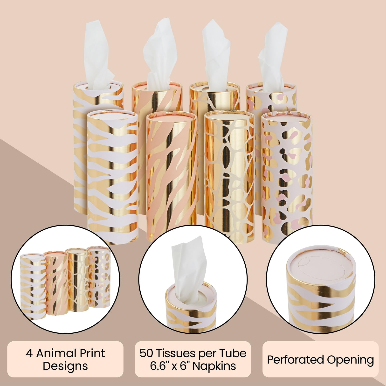 Zodaca 8-Pack Round Car Tissue Box Holders - Travel Size Refillable Cylinder with 4 Animal Print Designs (50 Tissues Each) - Perfect for Road Trips, Commuting & Travel Accessories