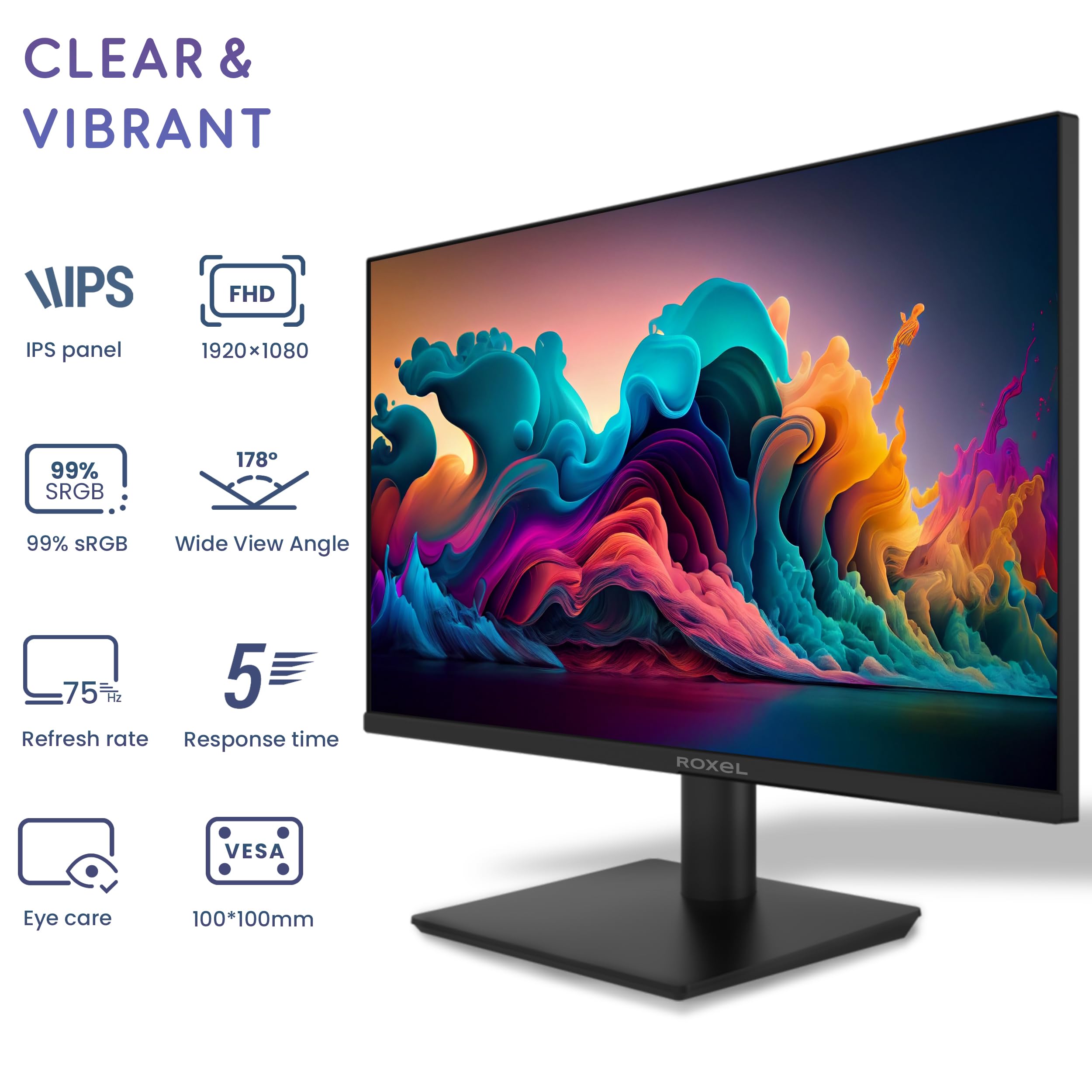 Roxel 27 Inch IPS FHD Computer Monitor - Borderless Design, 1080P Full HD, 75Hz Refresh Rate, HDMI & VGA Ports, 99% sRGB, 5ms Response Time, Eye Care (Flicker-Free & Low Blue Light), Frameless Display - Perfect for Home Office, Gaming, and Multimedia Entertainment