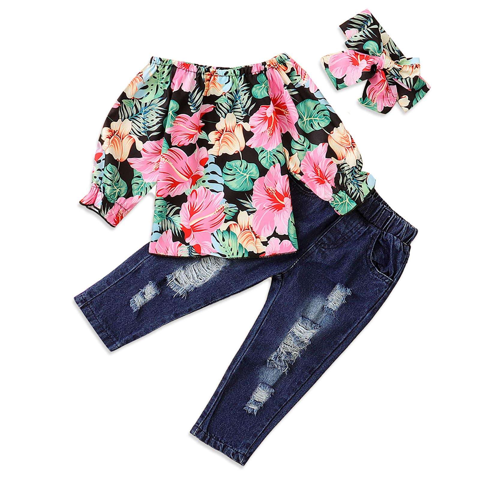 Little Girls Off Shoulder Ruffle Plaid Top & Distressed Jeans Outfit Set - Cute Toddler Summer Playdate & Photo Shoot Clothes
