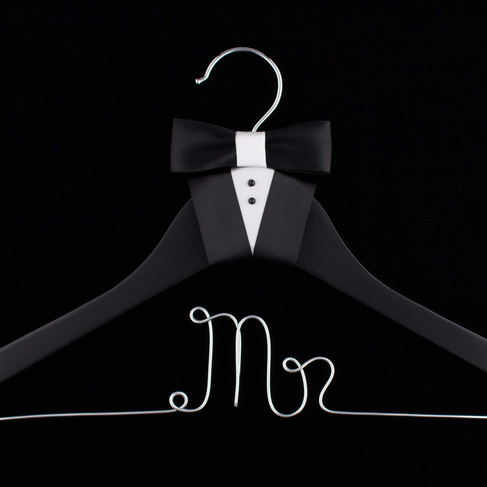 Elegant Black Wooden & Silver Wire Wedding Groom Hanger for Tuxedo or Suit - Mr. Groom's Closet Essential - Perfect for Wedding Day, Bridal Shower & Anniversary Celebrations