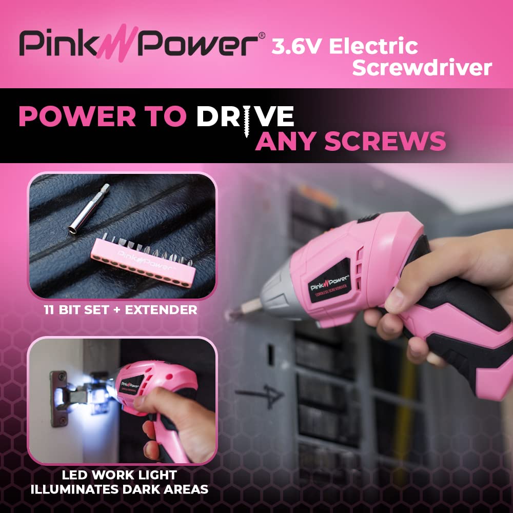 3.6V Pink Rechargeable Cordless Screwdriver Set - Electric Screw Gun Kit with LED Light - Portable Mini Drill for Women - DIY Home Repair, Furniture Assembly & Craft Projects