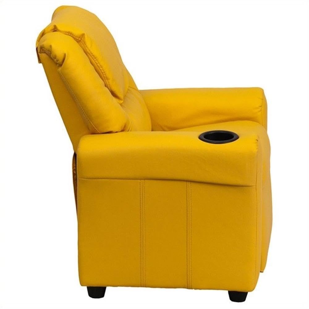 BOWERY HILL Modern Kids Recliner Chair with Cup Holder - Soft Vinyl Upholstery, Yellow - Perfect for Playrooms, Bedrooms & Movie Nights