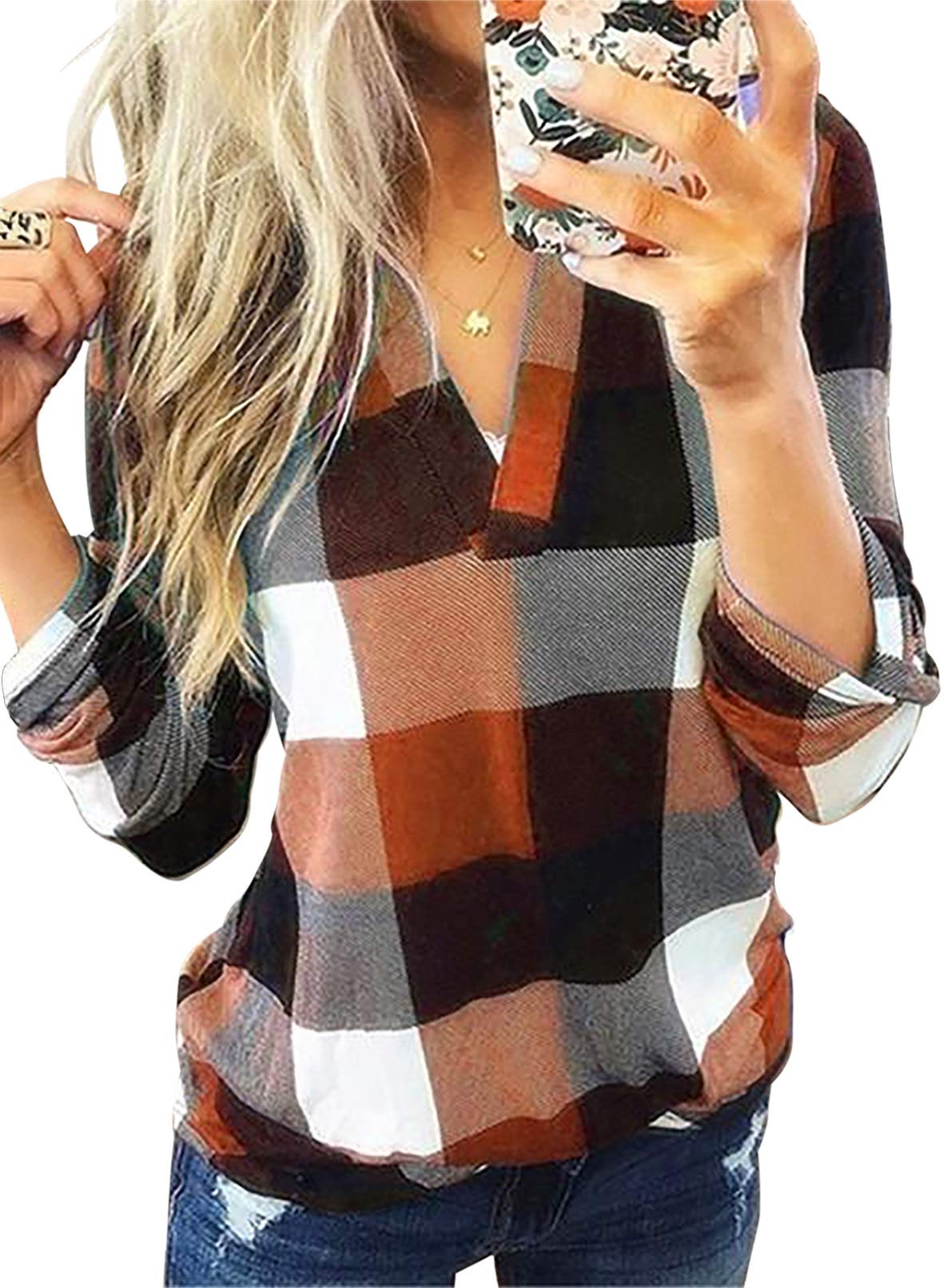 Dokotoo Women's Basic Casual V-Neck Plaid Print Long Sleeve Blouse - Cuffed Work Shirt (Sizes S-3XL) | Perfect for Office, Business Casual & Everyday Wear