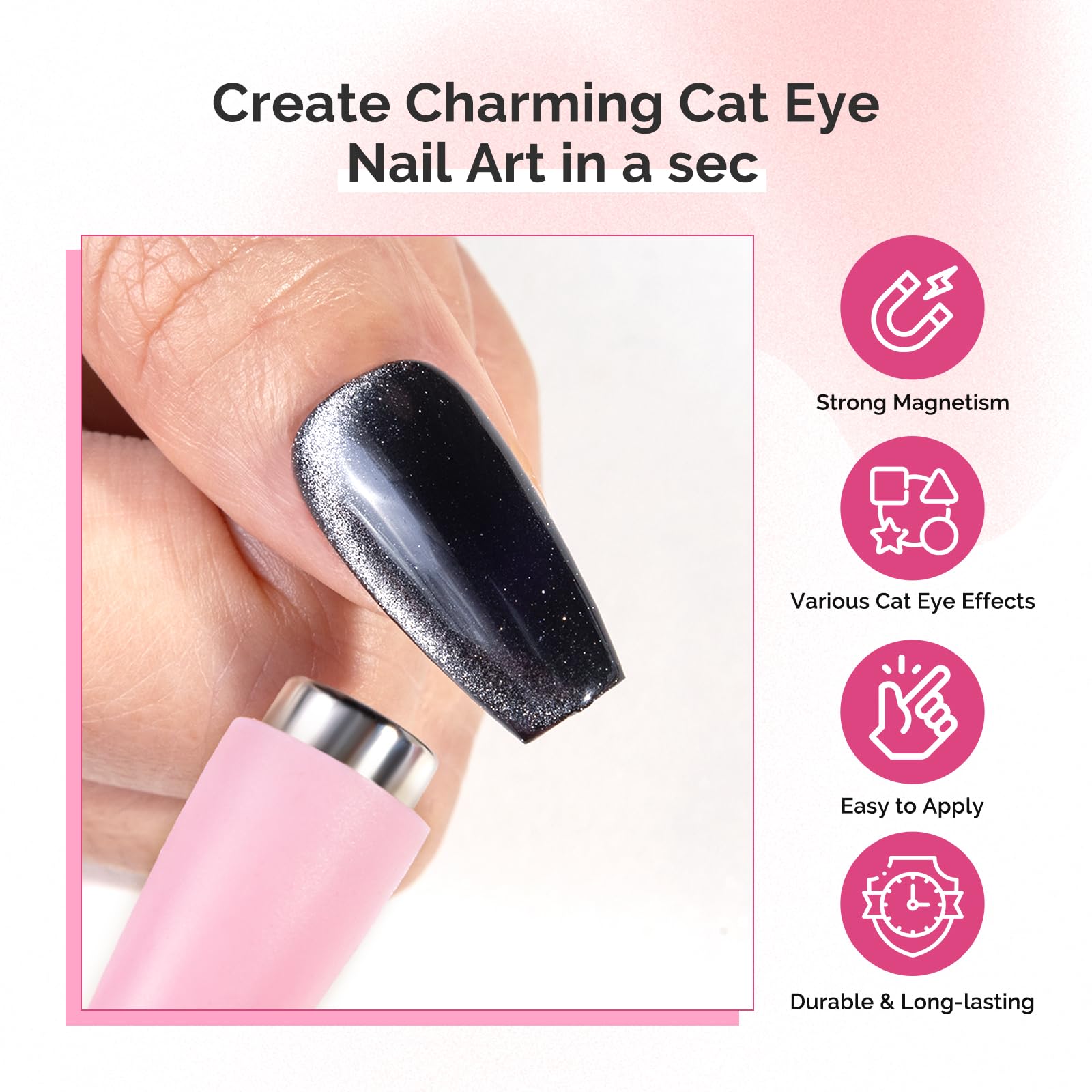 MelodySusie 5-in-1 Nail Magnet - Professional Cat Eye Gel Polish Magnet for Stunning Nail Art Designs | Strong Magnetic Nail Polish Tool for Salon & Home Manicures | Perfect for DIY Nails, Parties & Special Occasions (Pink)