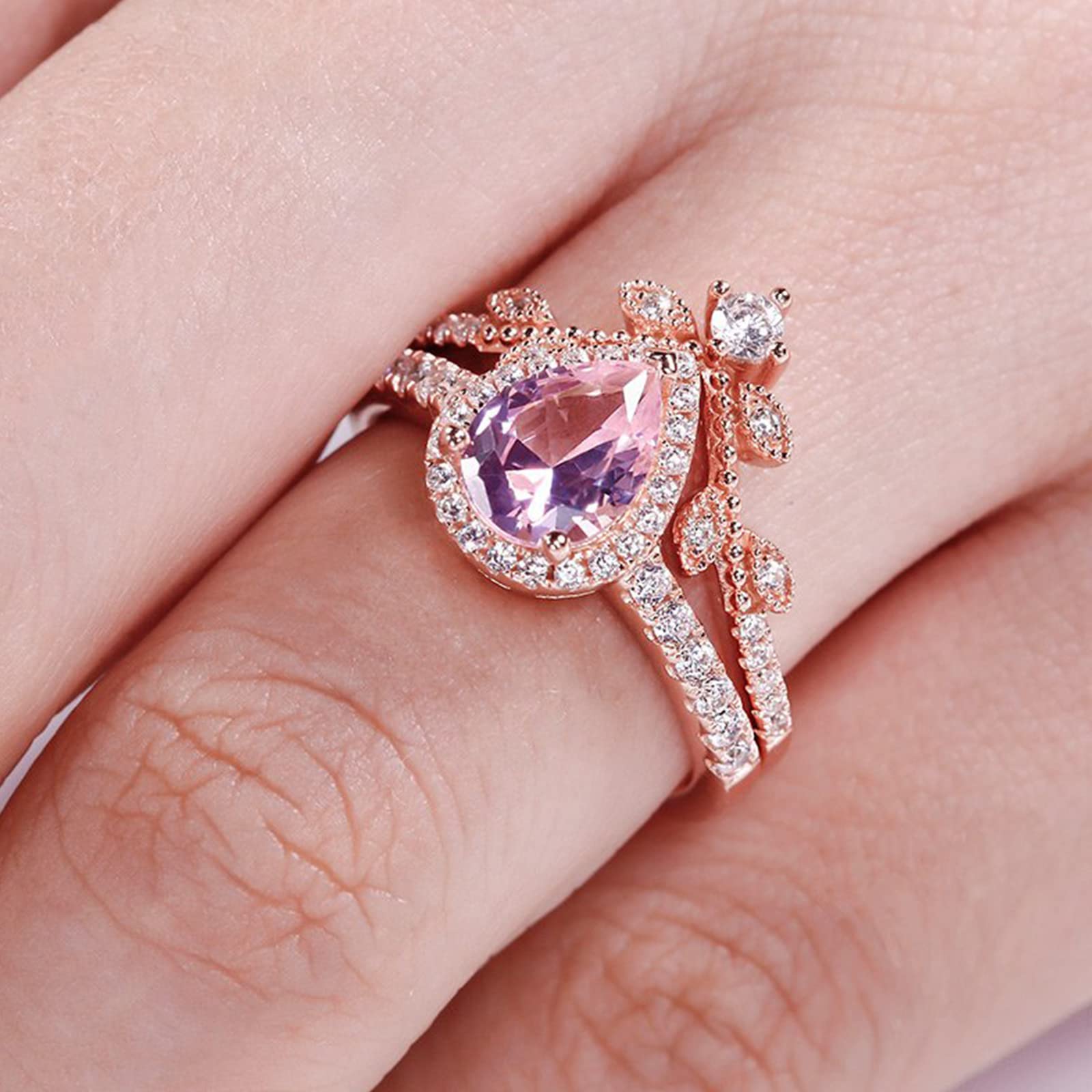 Jeulia Sterling Silver Halo Pear Cut Synthetic Diamond Engagement Ring Set - Rose Gold Plated Art Deco Bridal Jewelry with Gift Box for Wedding, Anniversary & Promise (Perfect for Proposals, Bridal Showers & Romantic Gifts)