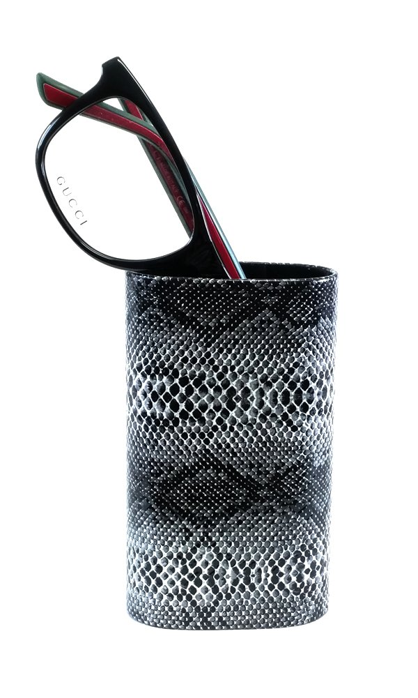 Calabria CA-503 Grey Snakeskin PU Leather Eyeglasses Holder - Soft Lining Desktop Stand for Glasses, Perfect for Office, Nightstand, or Home Decor (Men & Women)