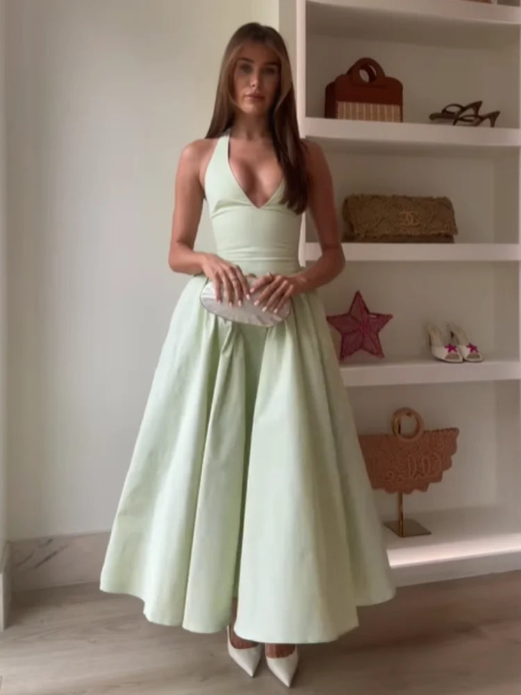 Elegant V-Neck Green Long Dress for Women - High Waist A-Line Halter Midi Vestidos - Summer Evening Party Dress 2025 - Perfect for Weddings, Cocktail Parties & Formal Events