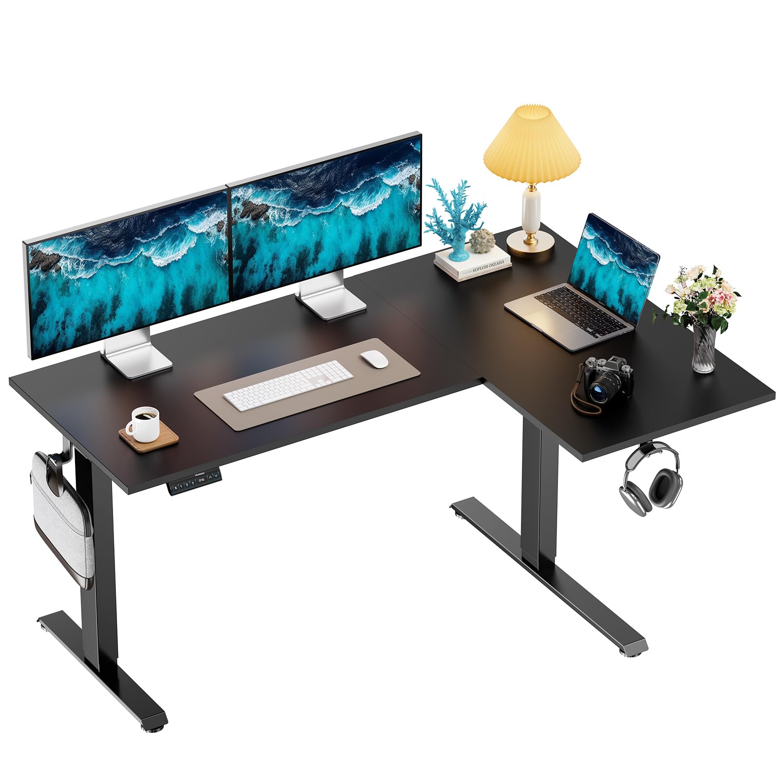 HUANUO 63 x 40 inch Electric Standing Desk - Dual Motor L-Shaped Adjustable Height Computer Desk with 3 Memory Presets, 2 Hooks & Cable Management Tray | Ergonomic Home Office Workstation for Standing & Sitting (Black) - Perfect for Remote Work, Gaming Setup, and Study Room