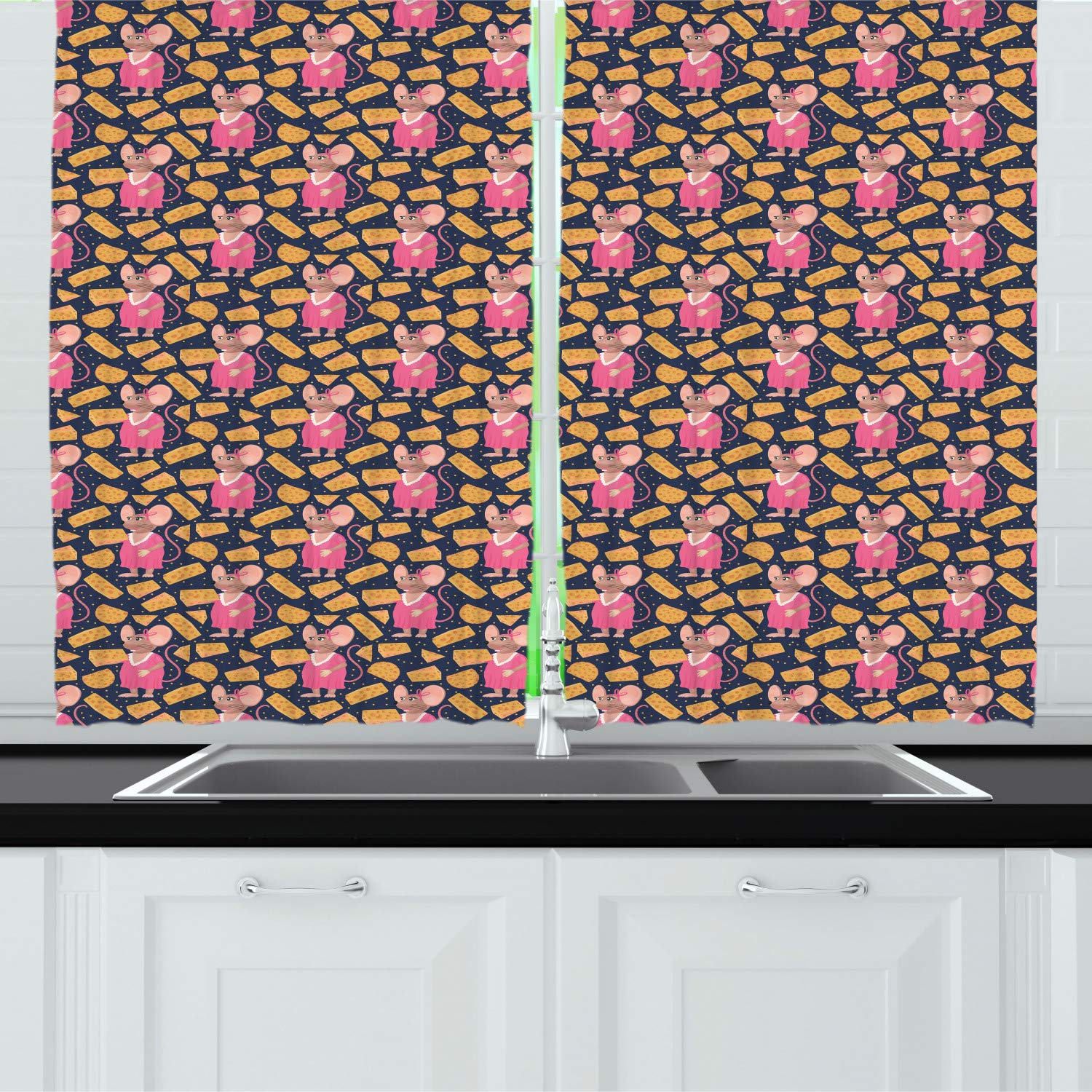 Ambesonne Animal Print Kitchen Curtains - Cartoon Rat Girl & Cheese Design, 2 Panels with Rod Pocket, 55