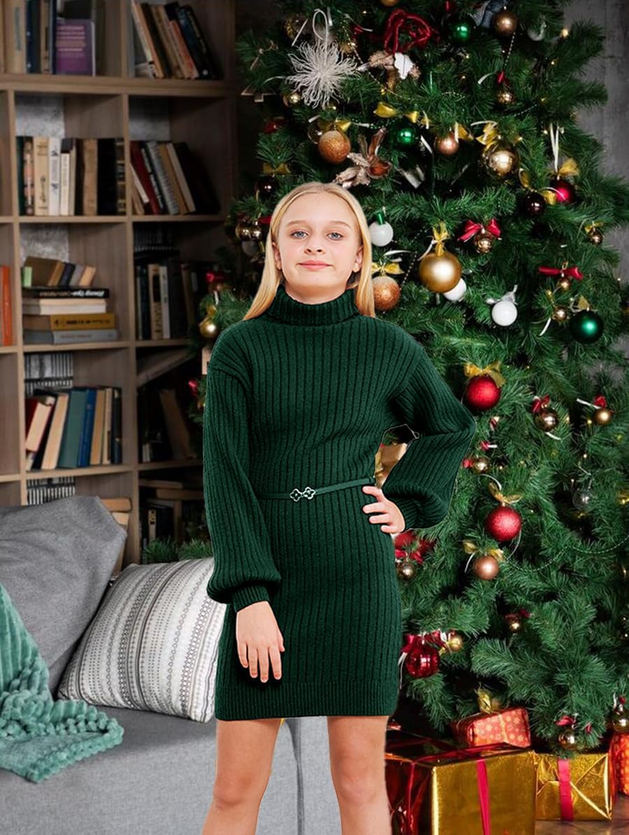 Girls Oversized Turtleneck Sweater Dress with Batwing Sleeves - Winter Long Casual Knit Dress for Kids | Perfect for School, Playdates & Holiday Outfits