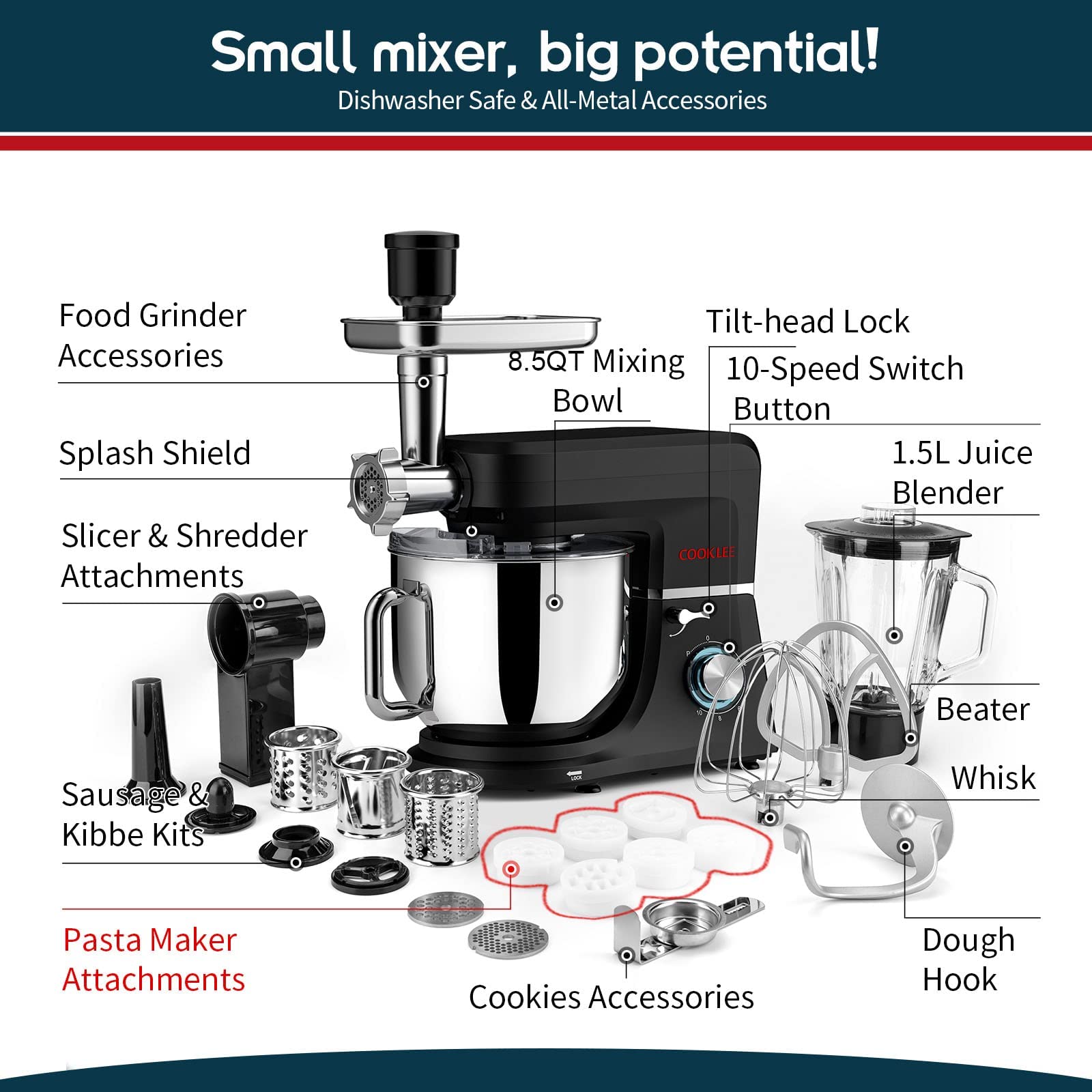 COOKLEE 6-in-1 Stand Mixer, 8.5 Qt. Powerful 800W Electric Kitchen Mixer with 9 Attachments - Dough Hook, Whisk & More - Perfect for Baking Bread, Cakes, Cookies & Pizza Dough - Ideal for Home Bakers & Professional Chefs (Black, SM-1507BM)
