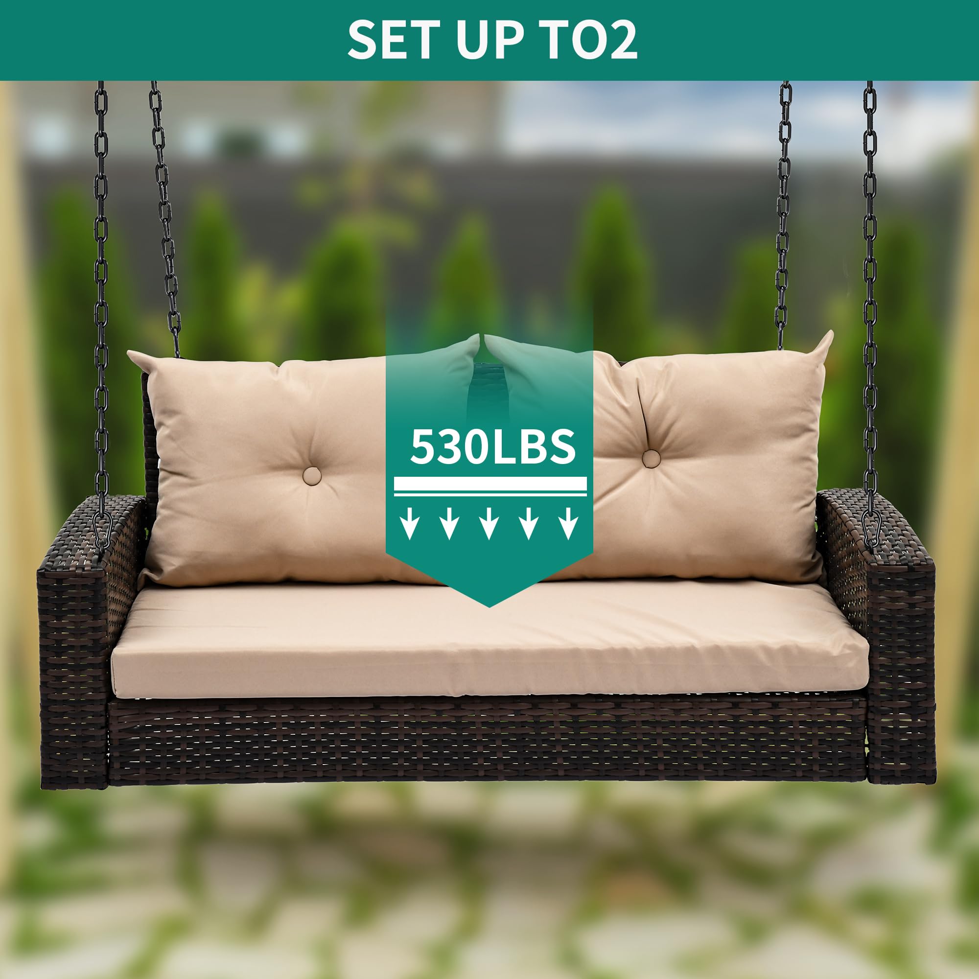YITAHOME Outdoor Wicker Hanging Swing Chair - 530lb Capacity Brown Rattan Porch Swing with 2 Cushions for Patio, Garden, Balcony & Living Room - Perfect for Relaxing, Lounging & Decorating Your Outdoor Space