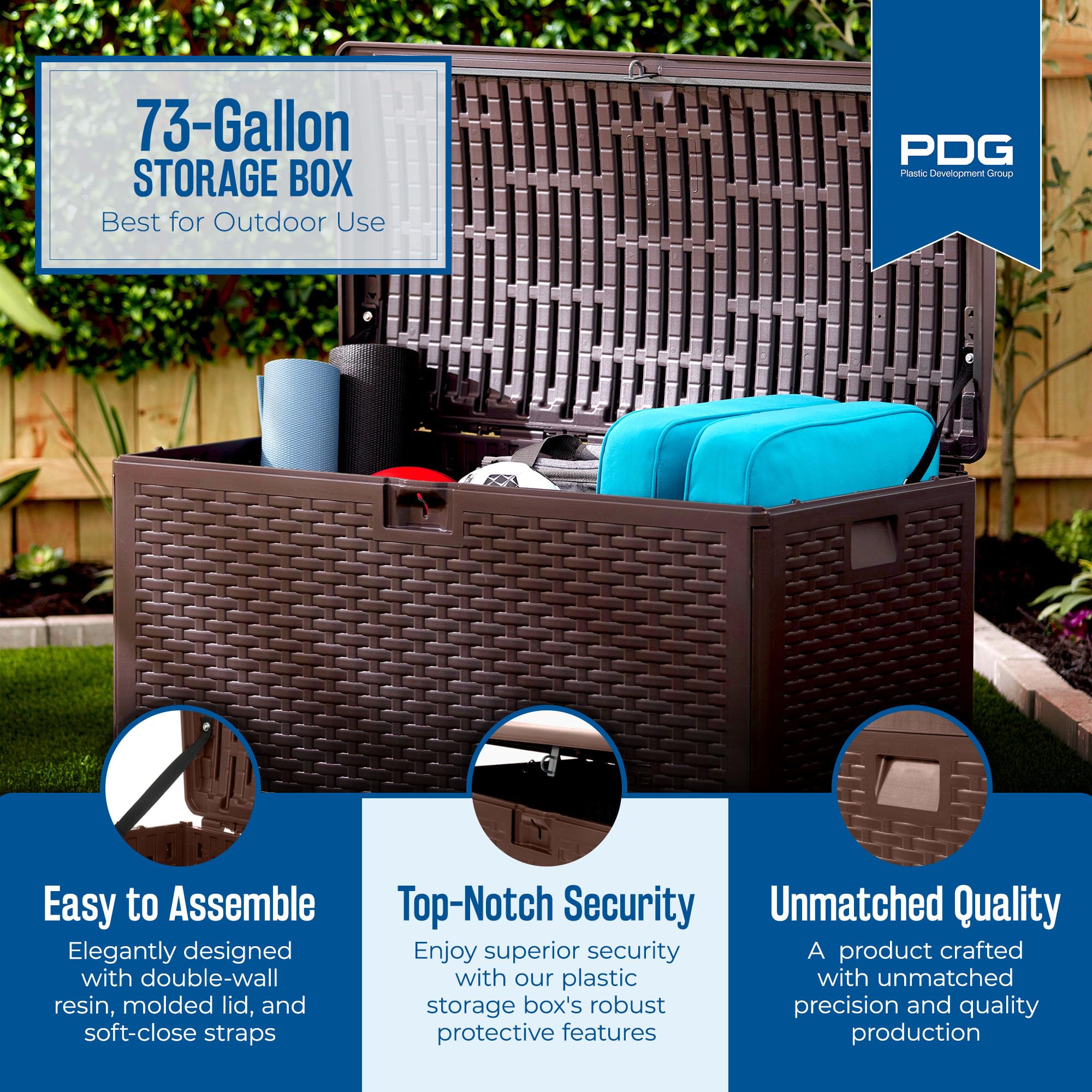 Outdoor Storage Deck Box 73 Gallon with Standard Closure - Durable Plastic Deck Box for Patio, Garden & Backyard Organization - Weatherproof Java Brown Deck Storage Container