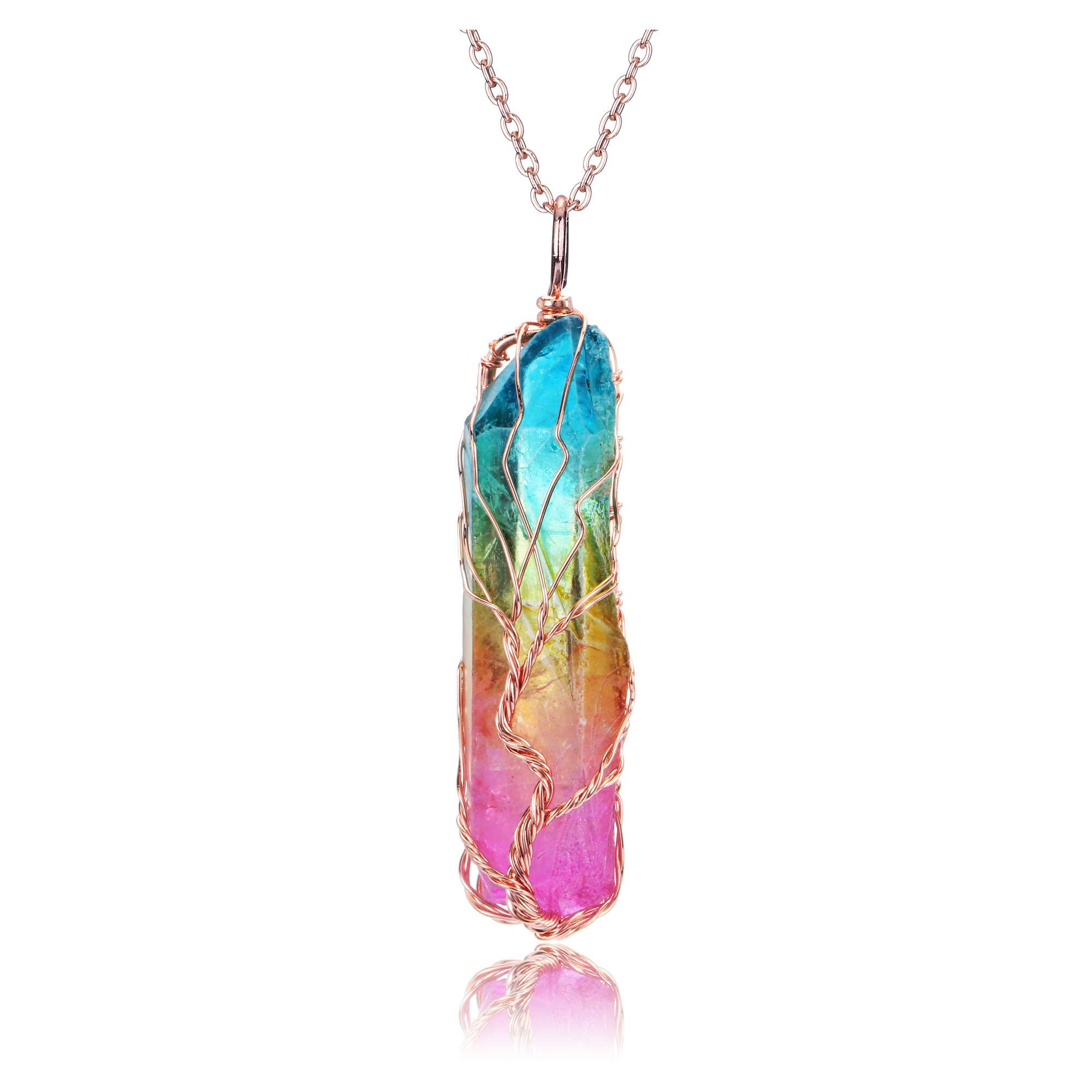 Jovivi 2-Piece Crystal Necklace Set - Rose Gold Plated Rose Flower Wrapped Natural Rose Quartz & Titanium Coated Rainbow Rock Quartz Chakra Necklaces for Healing, Energy Balancing & Spiritual Wellness | Perfect for Meditation, Yoga, Reiki & Gift Giving