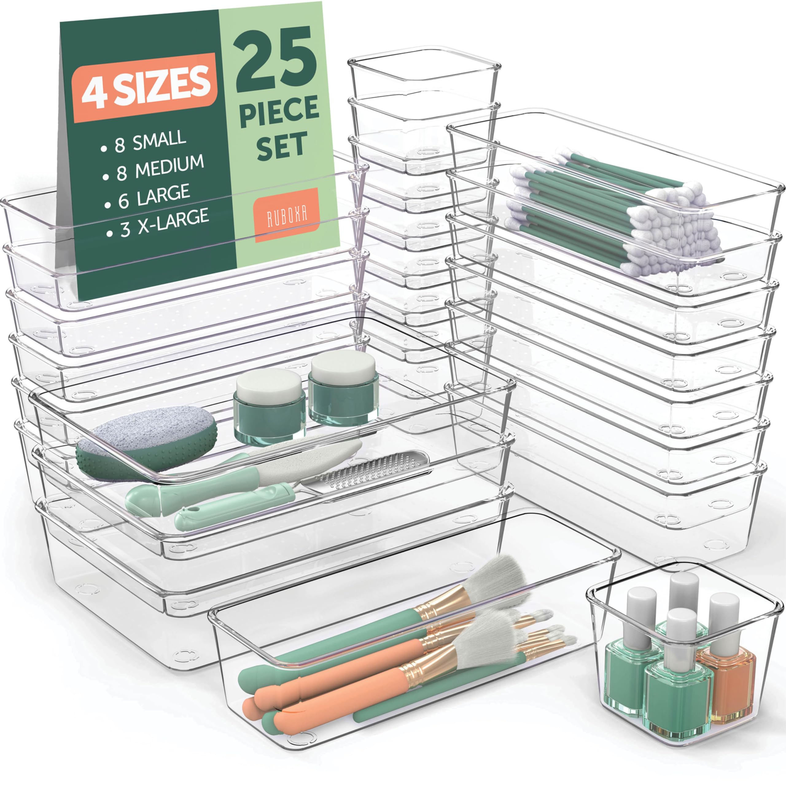 25-Piece Clear Plastic Drawer Organizer Set - 4 Sizes for Makeup, Jewelry, Kitchen & Office Storage - Non-Slip Bathroom Vanity Trays - Perfect for Bedroom, Bathroom & Kitchen Organization