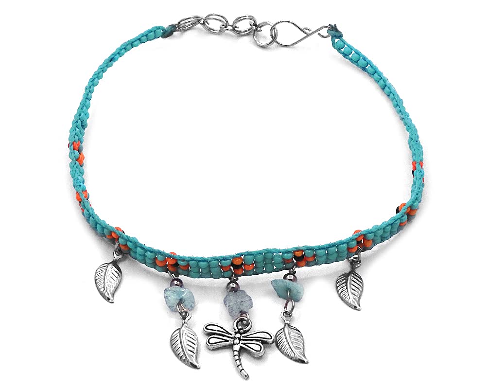 Handmade Boho Dragonfly Charm Anklet with Metal Leaf & Stone Beads - Women's Fashion Jewelry for Summer Festivals, Beach Outfits & Casual Wear