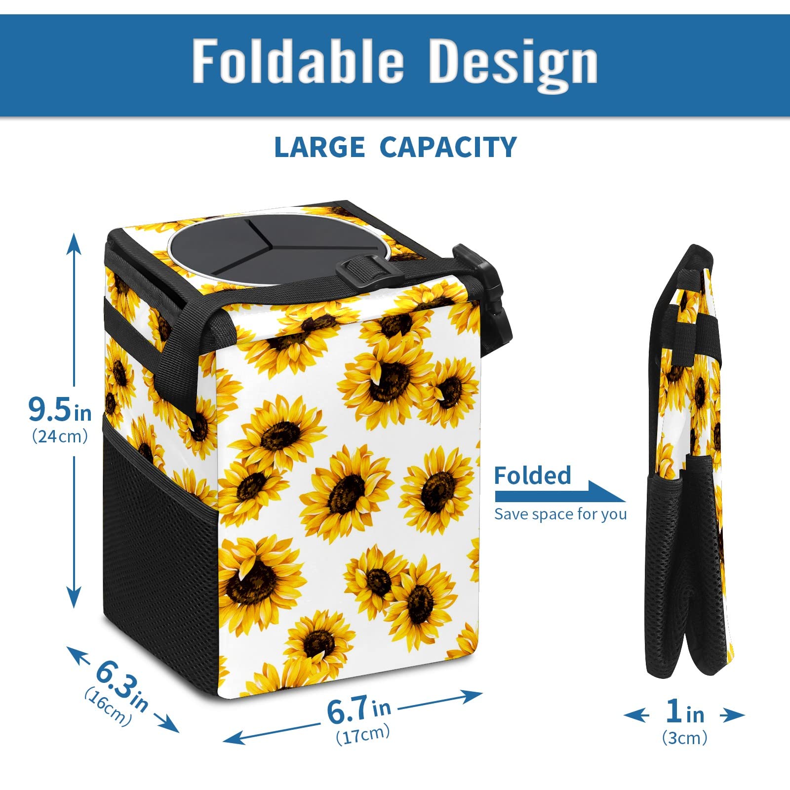 Portable Car Trash Can with Water-Resistant Coating - No Installation Needed, Spacious Interior Organizer for Cars, SUVs & Road Trips - Perfect for Snacks, Tissues & Travel Essentials (Sunflower Design)