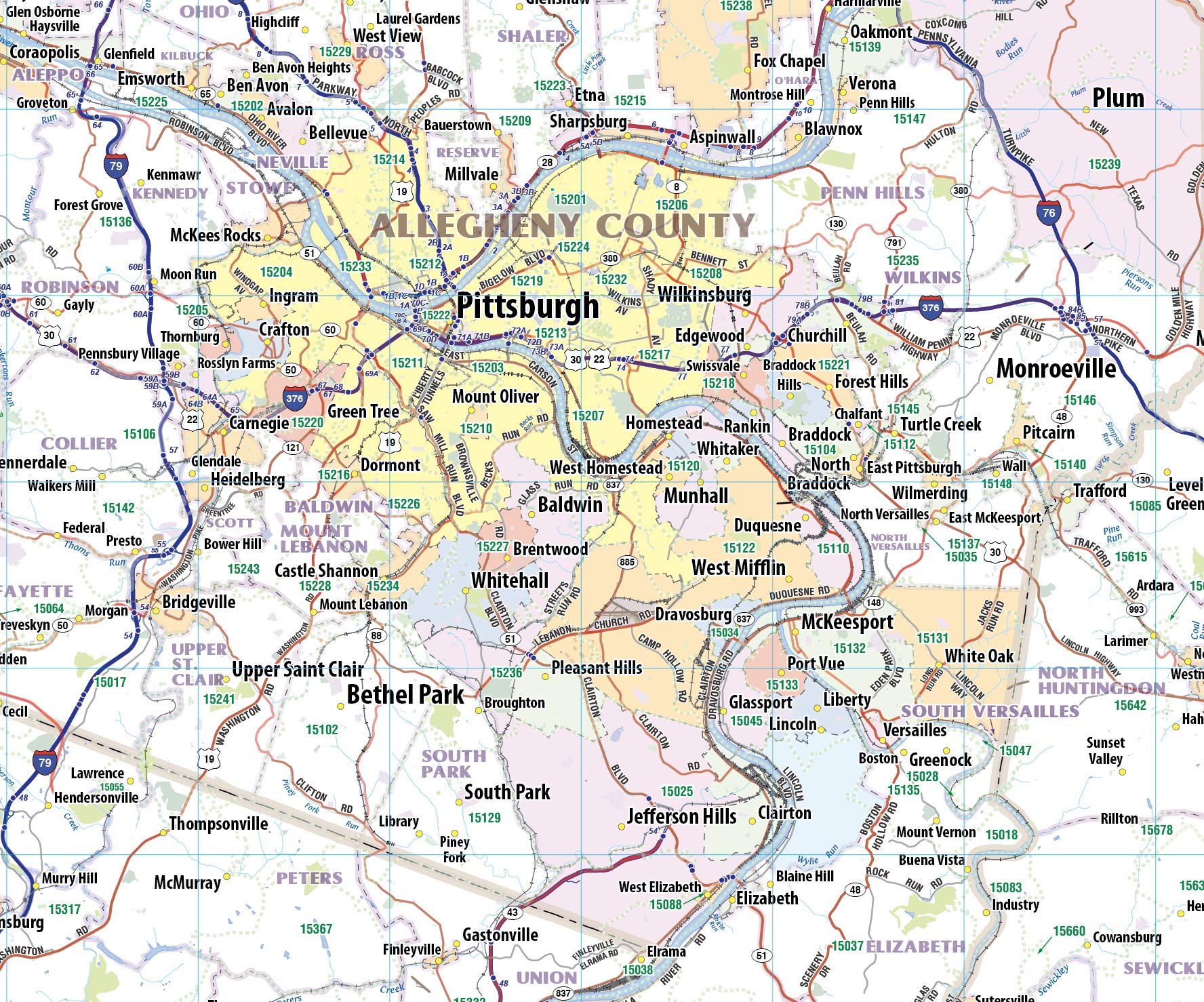 Pittsburgh & Southwest PA Waterproof Laminated Road Map - 48' x 54' Large Detailed Travel Map - Perfect for Road Trips, Hiking & Outdoor Navigation