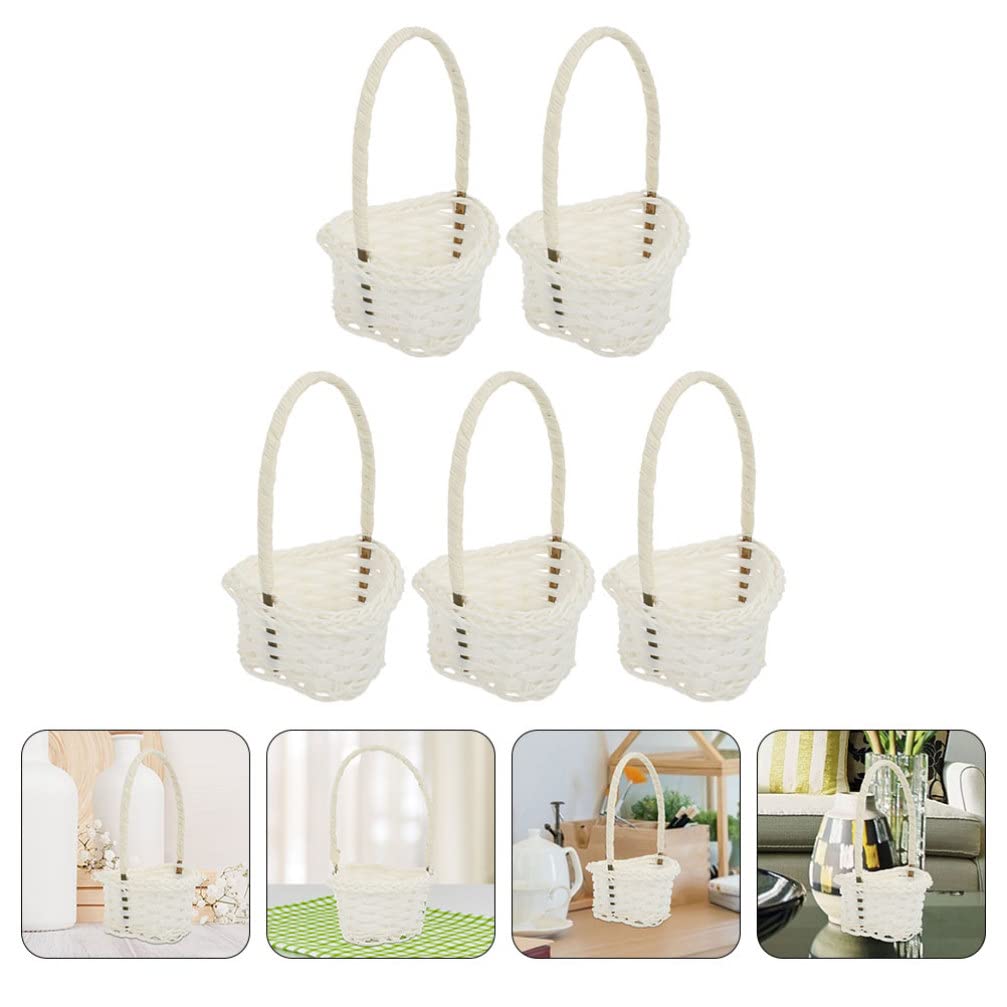 5-Piece Mini Woven Heart-Shaped Basket Set with Handles - Easter Egg Basket, Flower Picking Basket, Vegetable Basket for Wedding Favors, Party Decor, Farmhouse Crafts - Perfect for Spring Decor, Easter Gifts & Rustic Home Organization (White)