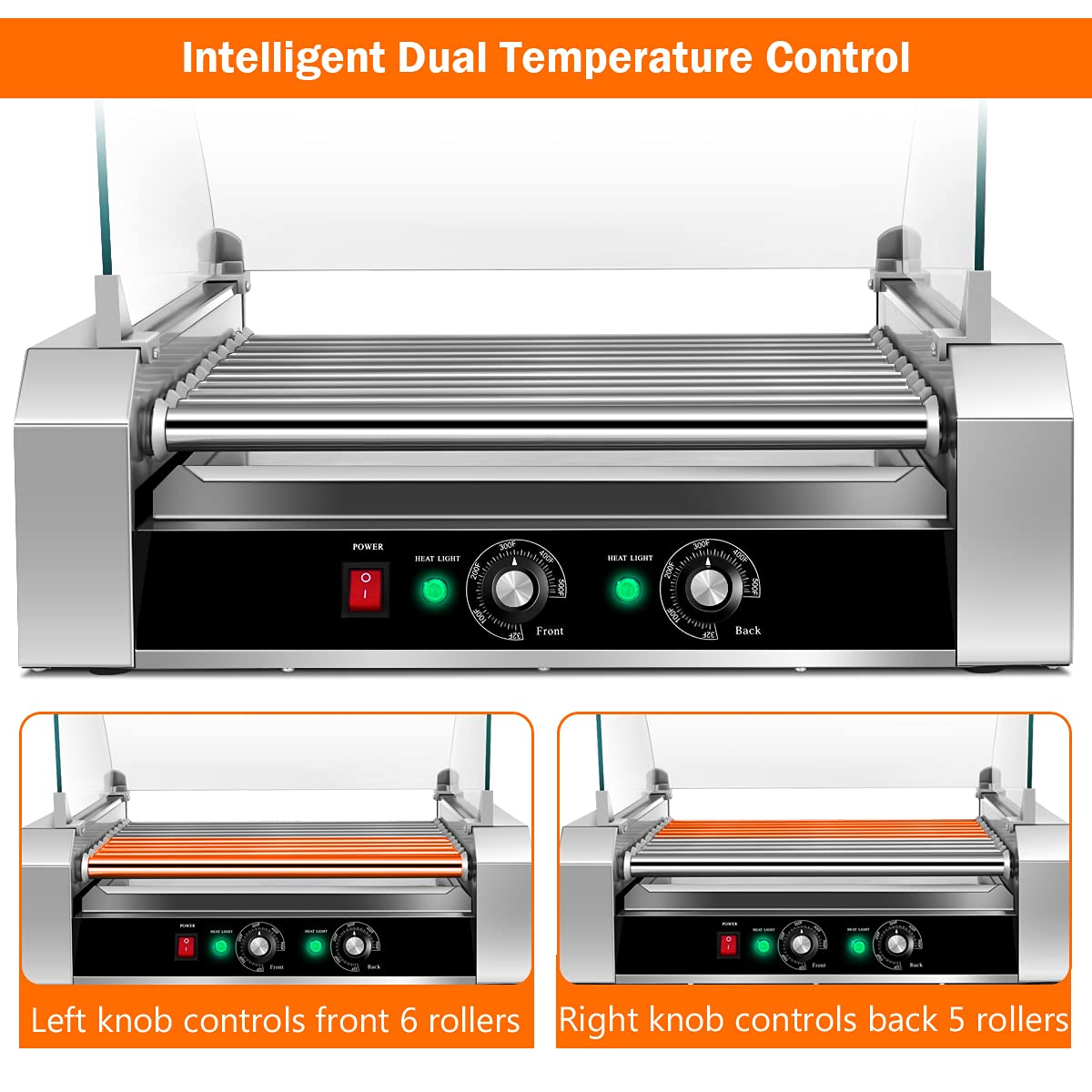 Electric Hot Dog Roller Machine - Commercial 30 Hot Dog 11 Non-Stick Roller Grill with Removable Stainless Steel Drip Tray & Glass Hood Cover - Countertop Sausage Warmer for Restaurants, Convenience Stores & Food Trucks