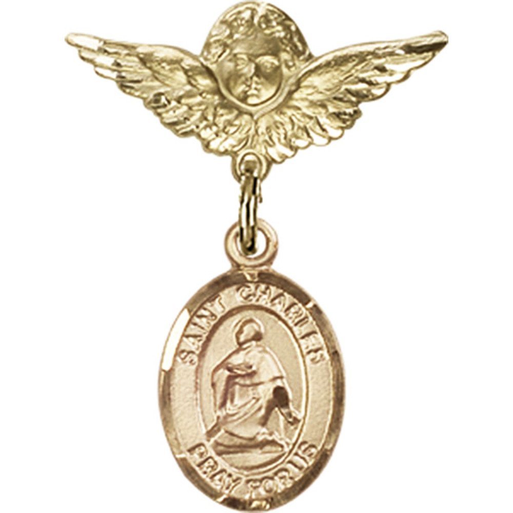 Gold Filled Baby Badge with St. Charles Borromeo Charm & Angel Wing Pin - 1 x 3/4 Inch Religious Jewelry for Baptism, Christening & First Communion Gifts