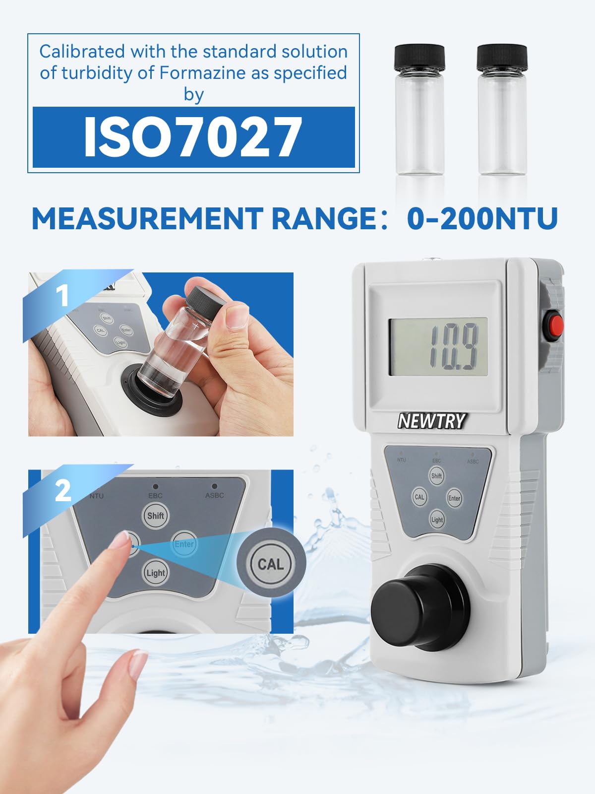 NEWTRY Portable Digital Turbidity Meter 0-200NTU, ISO7027 Compliant Water Turbidimeter with 0.1 Accuracy & Backlit LCD Display - for Lab Testing, Water Treatment Plants, Wine Making, Aquariums, and Pool Maintenance
