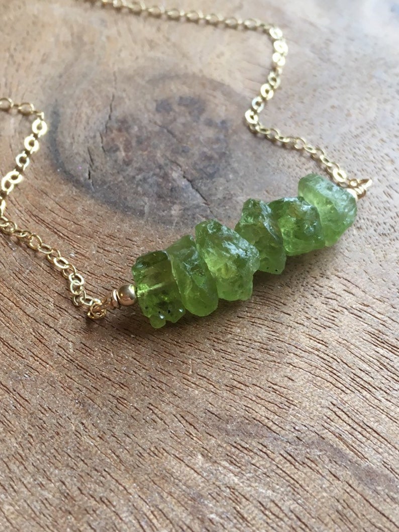 Raw Peridot Crystal Bar Necklace in Sterling Silver or 14K Gold - Elegant Bohemian Jewelry for Women, Perfect for Everyday Wear, Gift Giving & Spiritual Healing