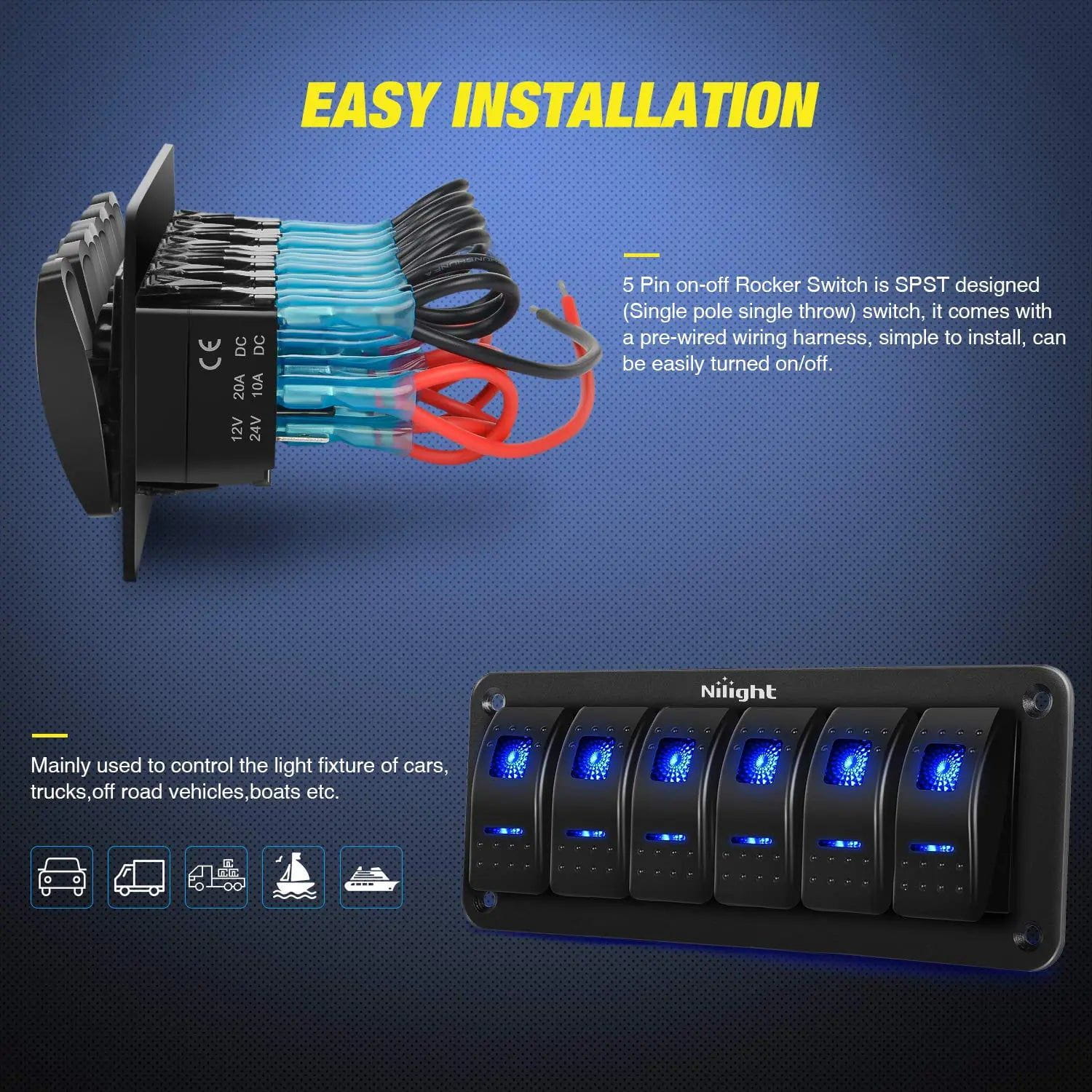 6 Gang Aluminum 5 Pin ON/Off Blue LED Rocker Switch Panel for Marine, RV, Truck & Automotive Applications