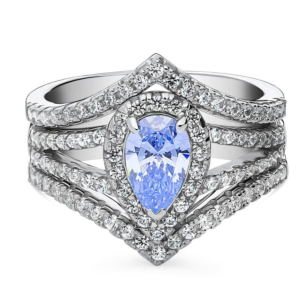 BERRICLE Sterling Silver Halo Wedding Engagement Ring Set - Blue Pear Cut Cubic Zirconia CZ Wishbone Split Shank Ring for Women, Rhodium Plated, Size 4-10 | Perfect for Proposals, Anniversaries & Bridal Jewelry Gifts