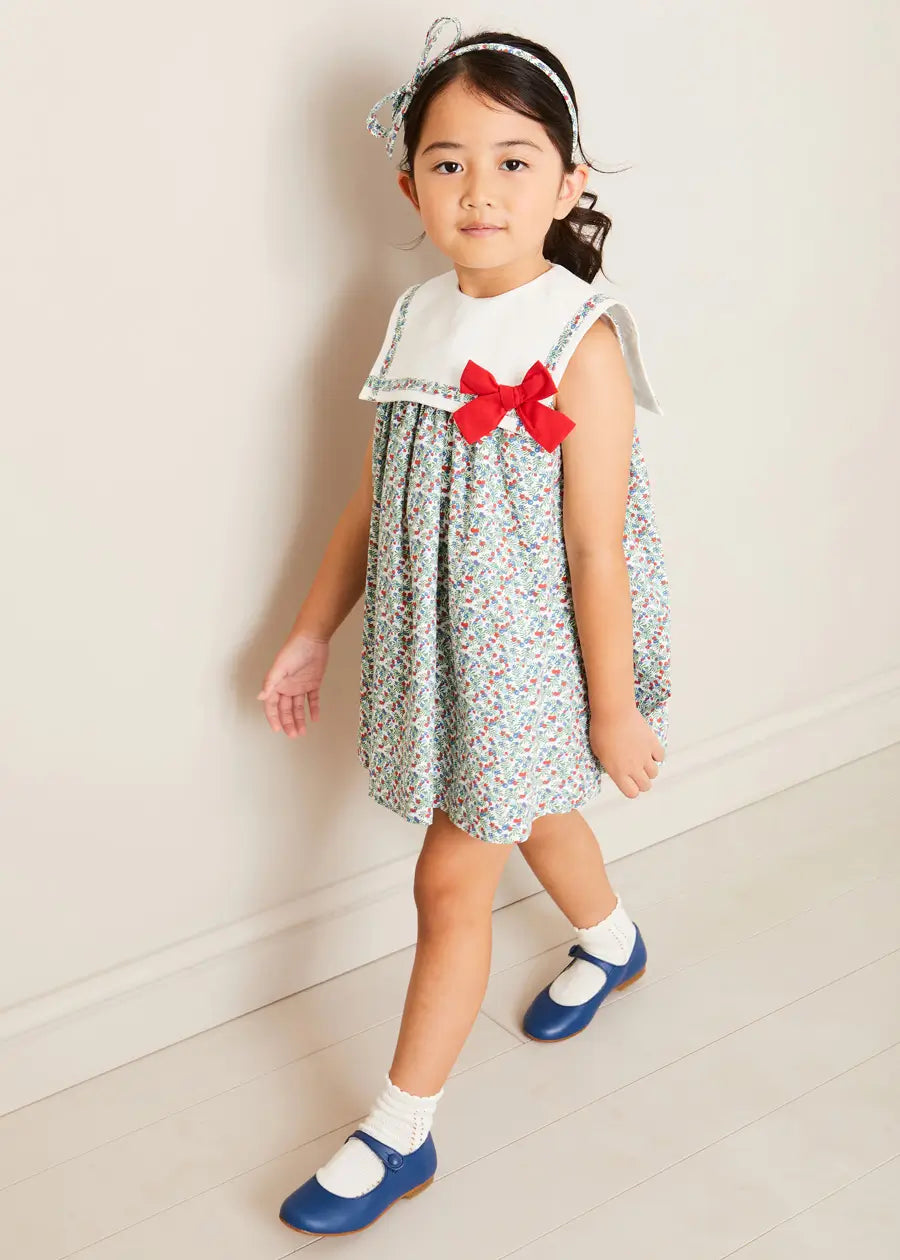Evelyn Floral Sleeveless Bow Detail Trapeze Dress for Girls in Red - Size 12 Months to 8 Years | Perfect for Birthday Parties, Family Photos & Special Occasions