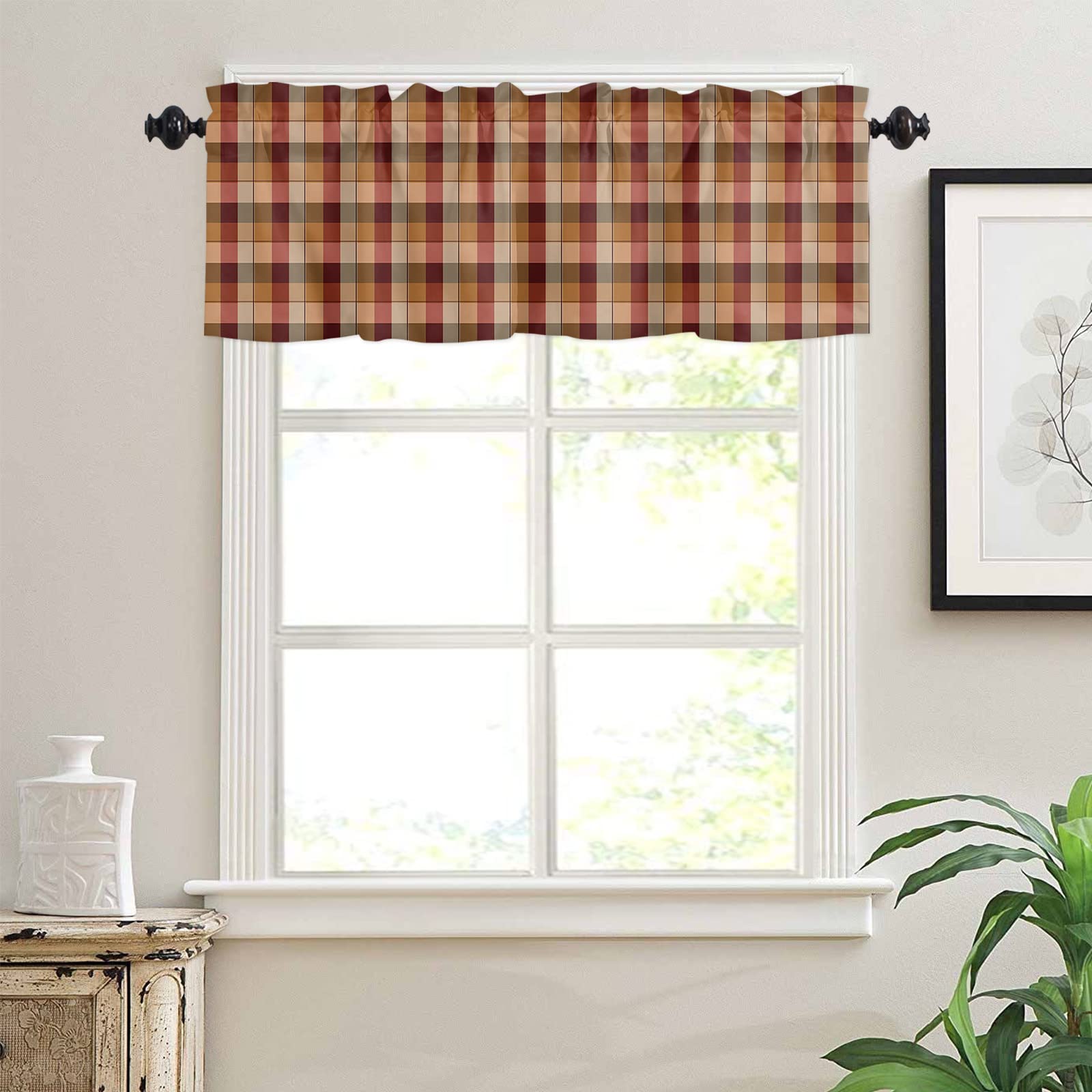Red Brown Tartan Window Valance - Rustic Farmhouse Beige Plaid Rod Pocket Curtain Panel for Kitchen, Living Room & Bedroom | Short Tier Cafe Curtains for Cozy Farmhouse Decor & Small Window Treatments